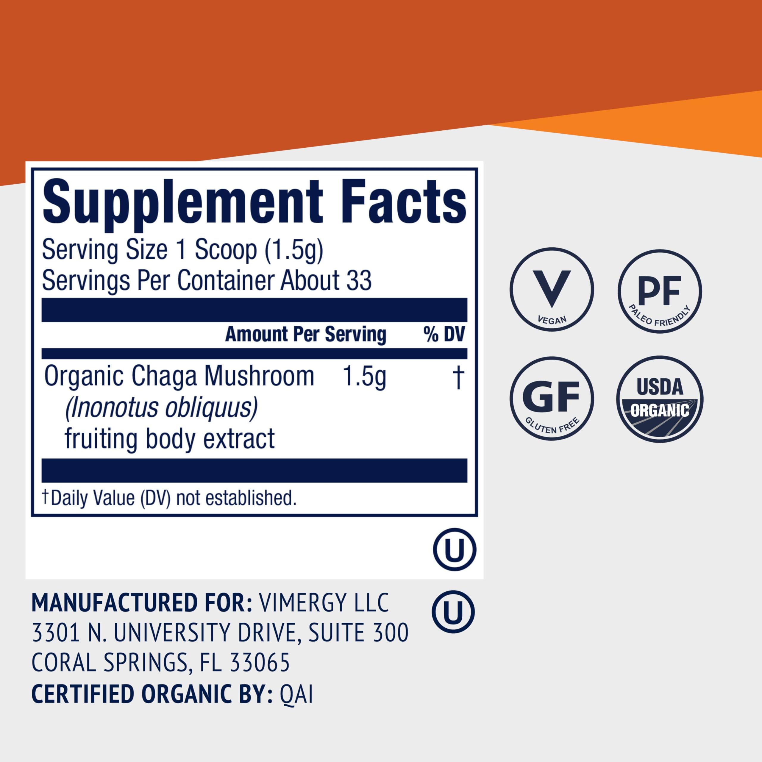 Vimergy Chaga Mushroom Powder 50g in a bowl with a spoon