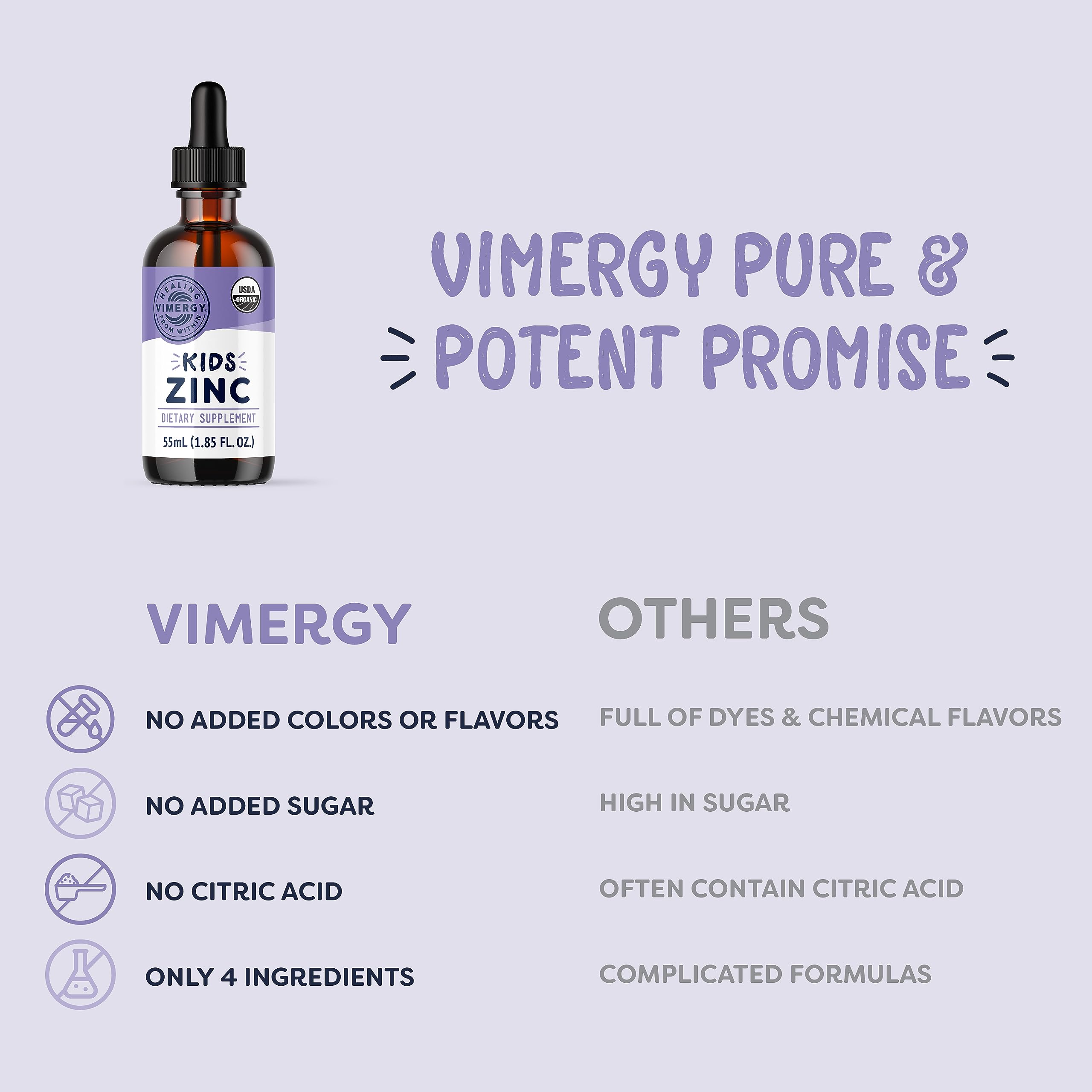 Vimergy Kids Organic Liquid Zinc Drops in a glass of juice