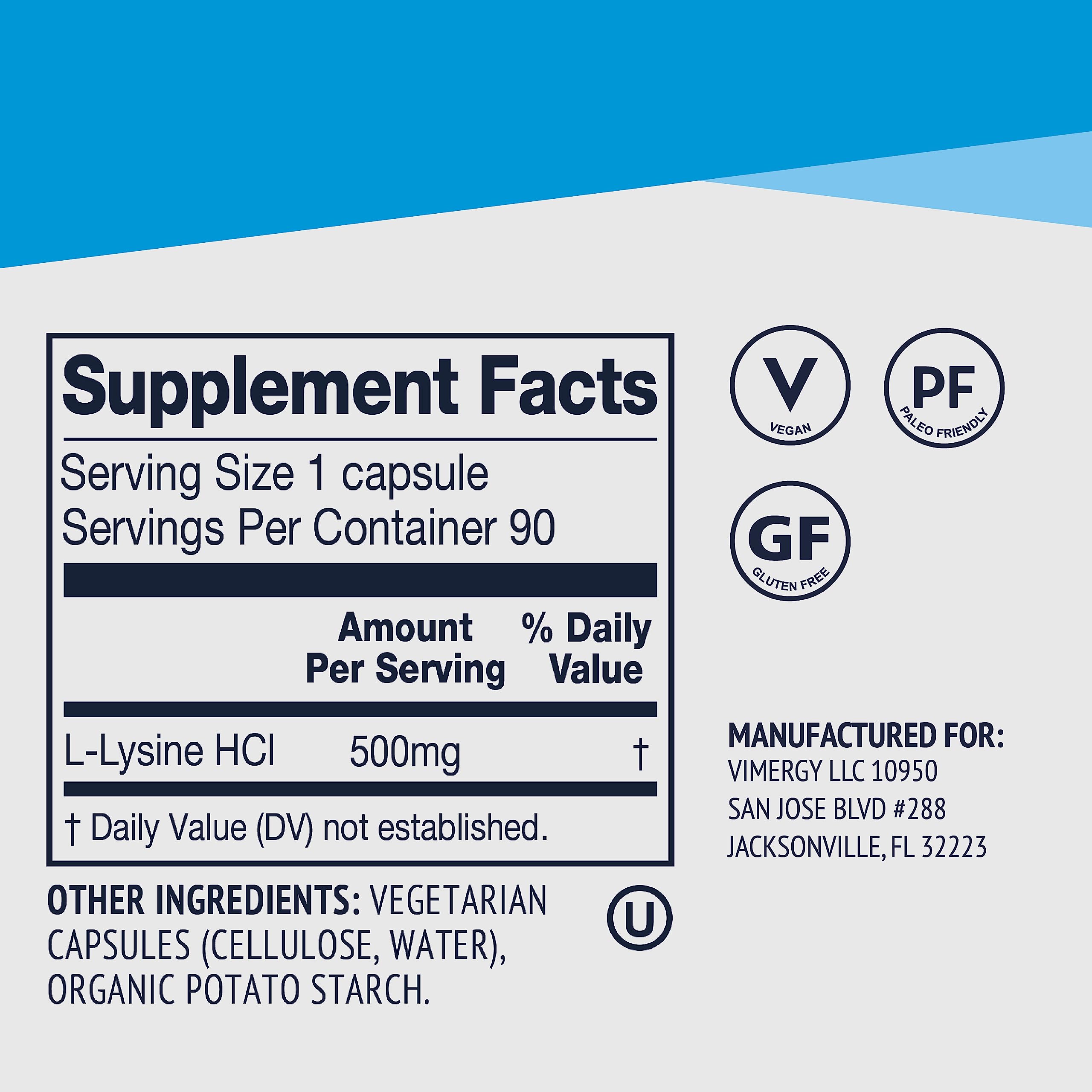 Vimergy L-Lysine 500mg vegan capsules on a wooden table
