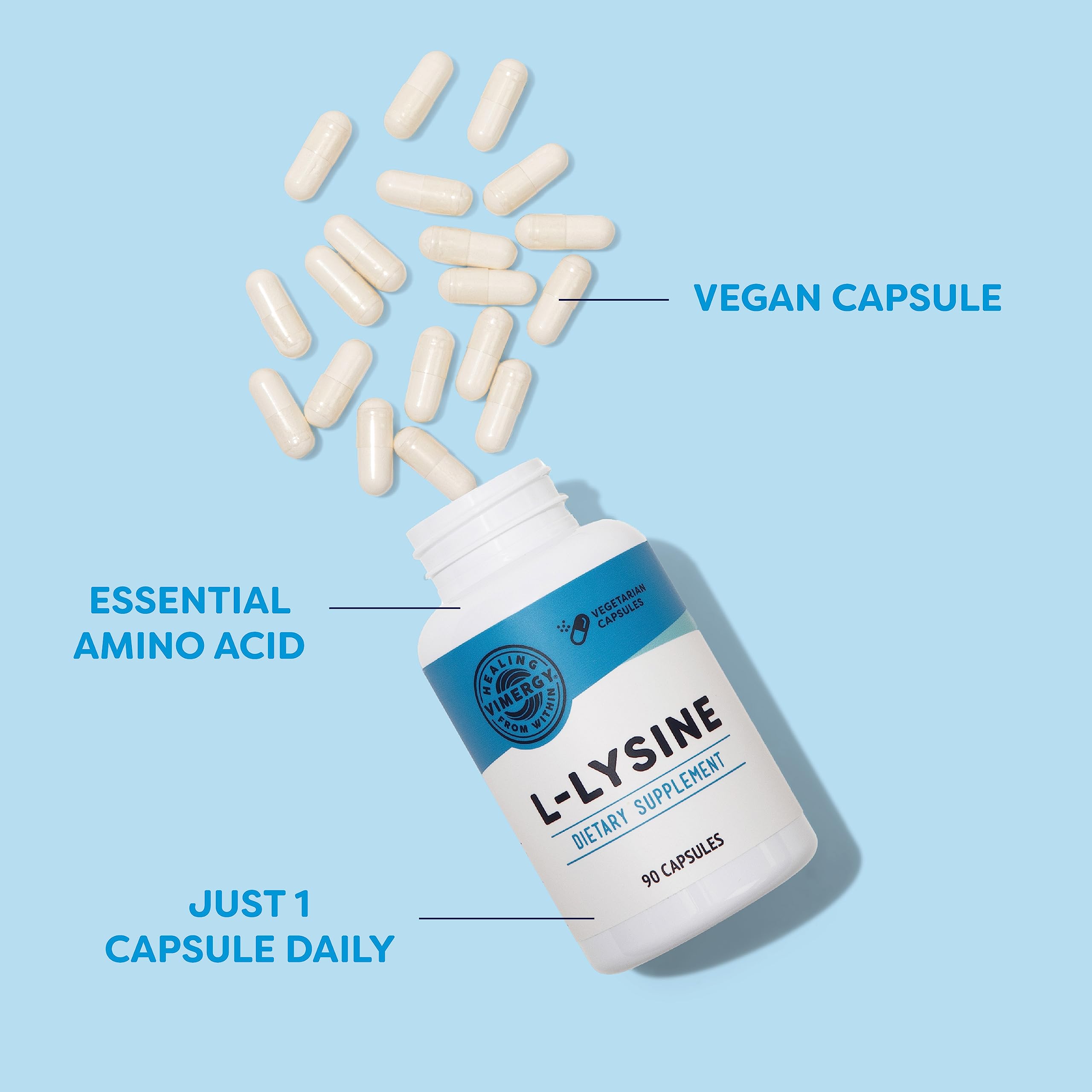 Vimergy L-Lysine 500mg vegan capsules opened with powder