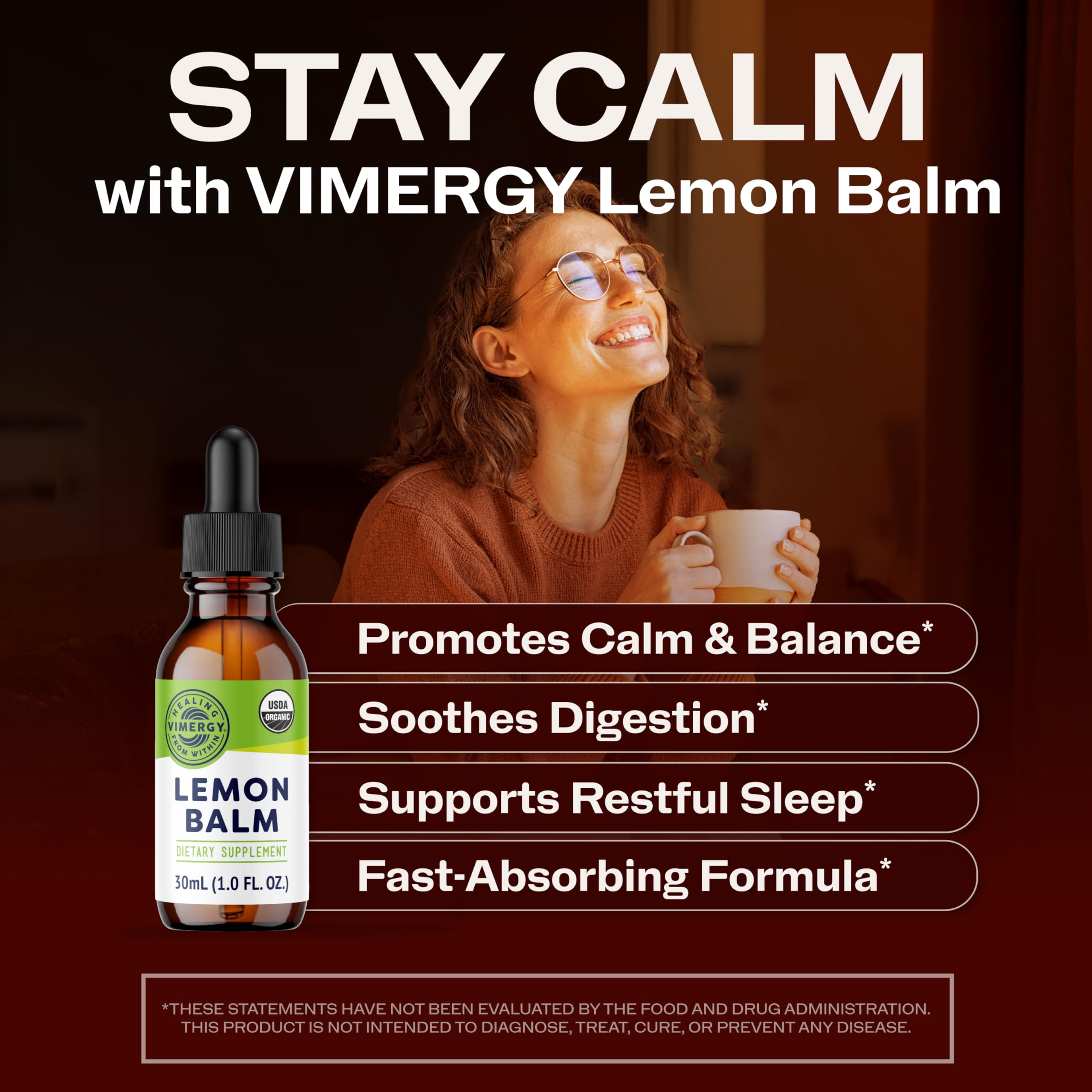 Vimergy Lemon Balm Liquid Supplement 82g with ingredients displayed