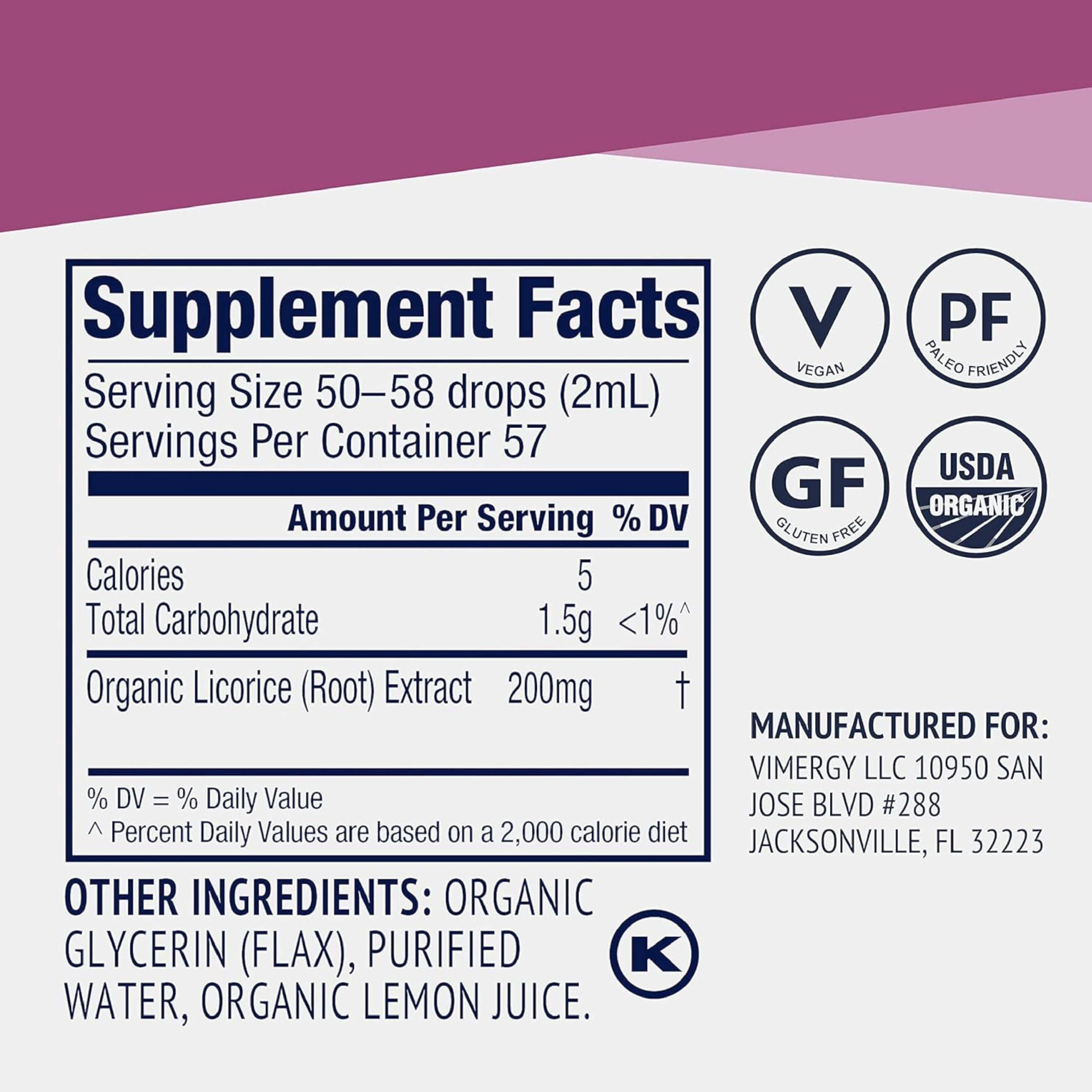Vimergy Licorice Root Liquid Extract 50g ingredients list