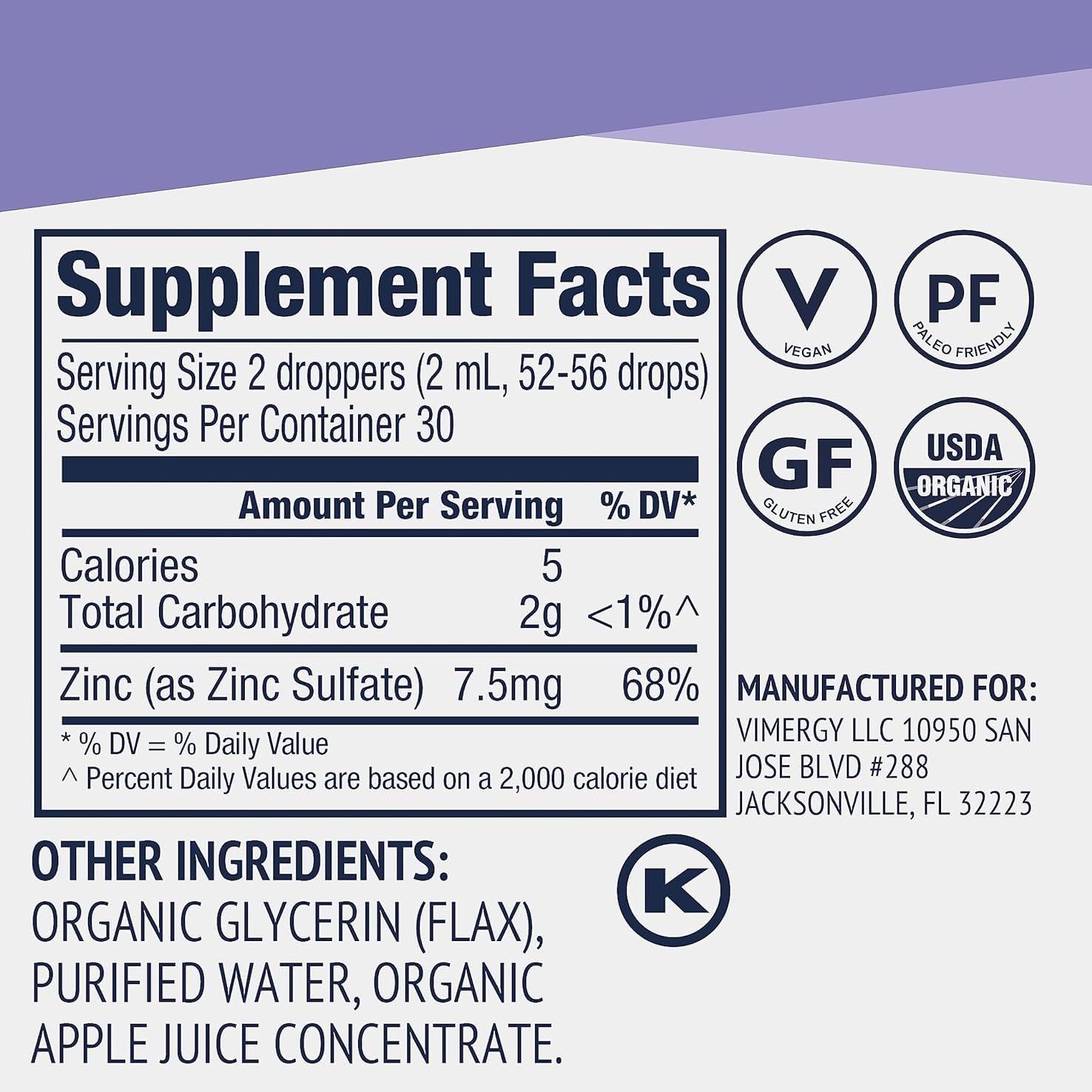 Vimergy Liquid Zinc Drops 150g packaging
