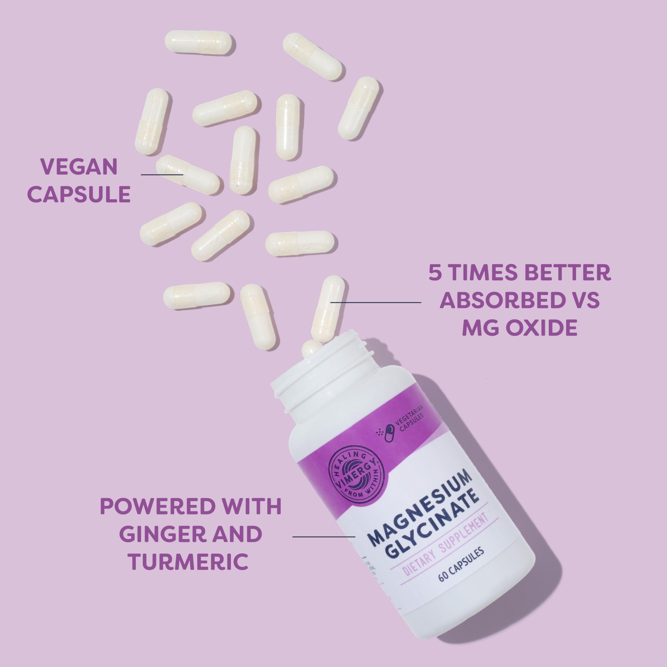 Vimergy Magnesium Glycinate capsules next to turmeric and ginger