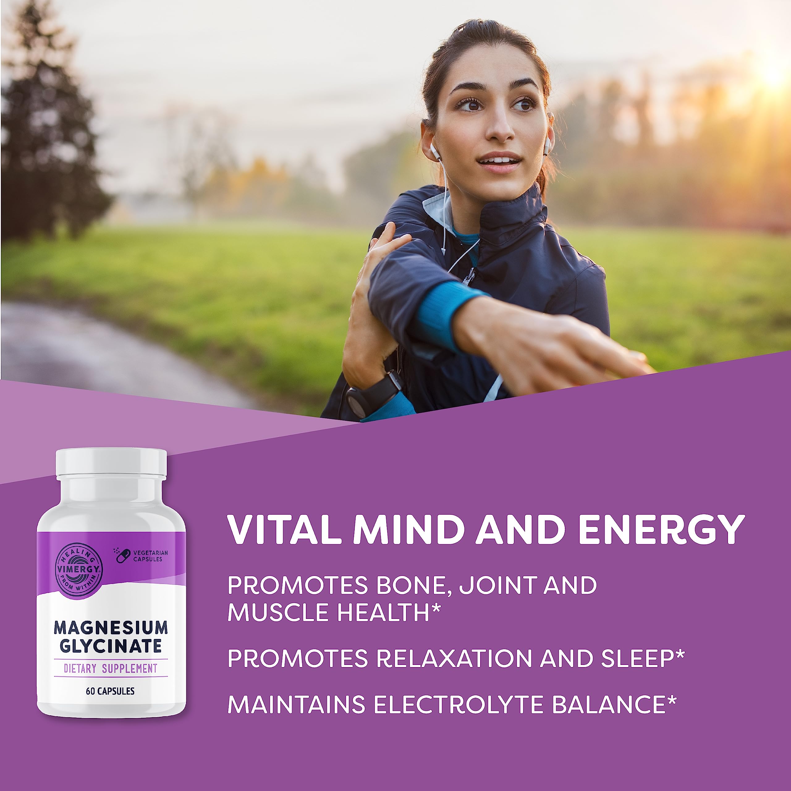 Vimergy Magnesium Glycinate capsules on a wooden surface