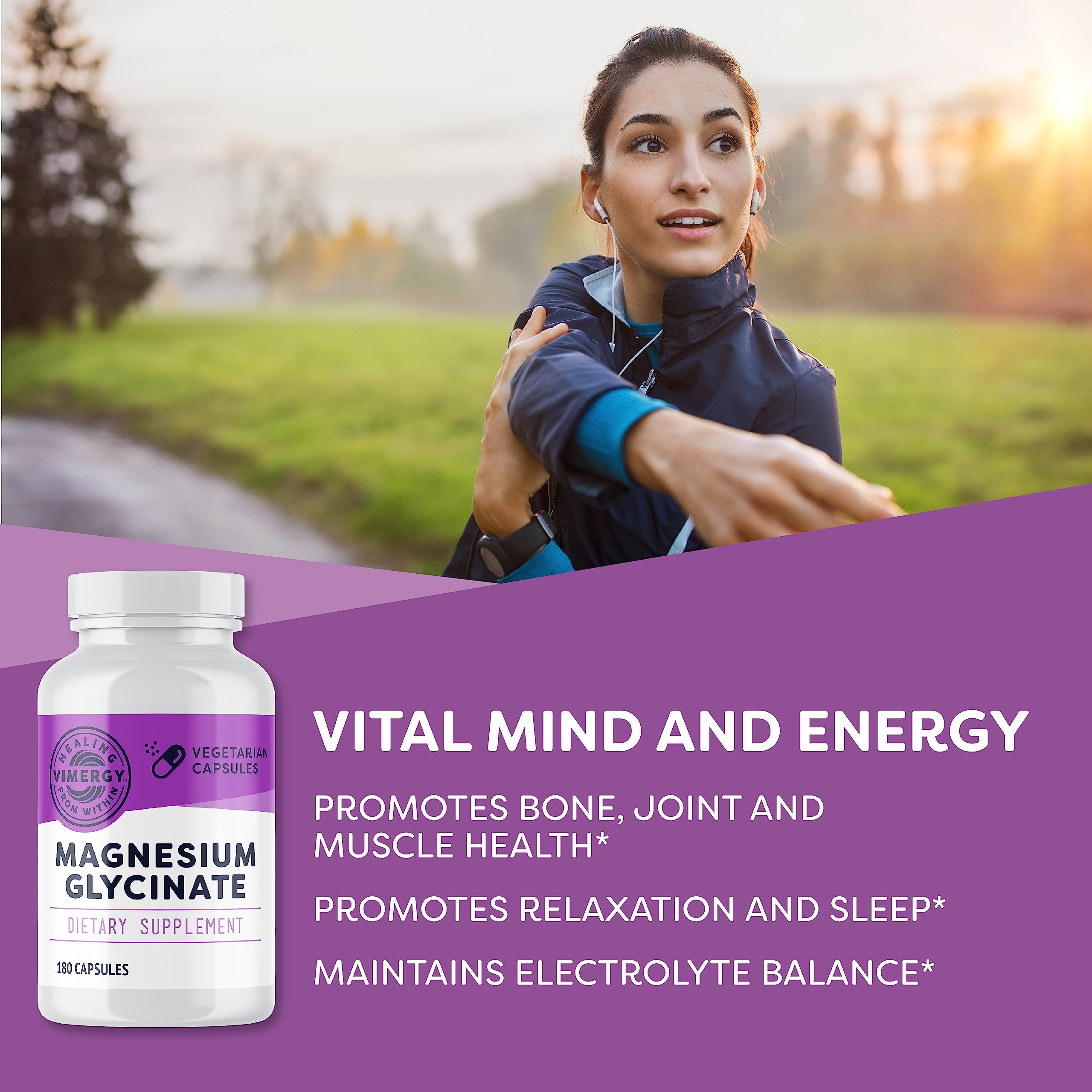 Vimergy Magnesium Glycinate capsules on a wooden table