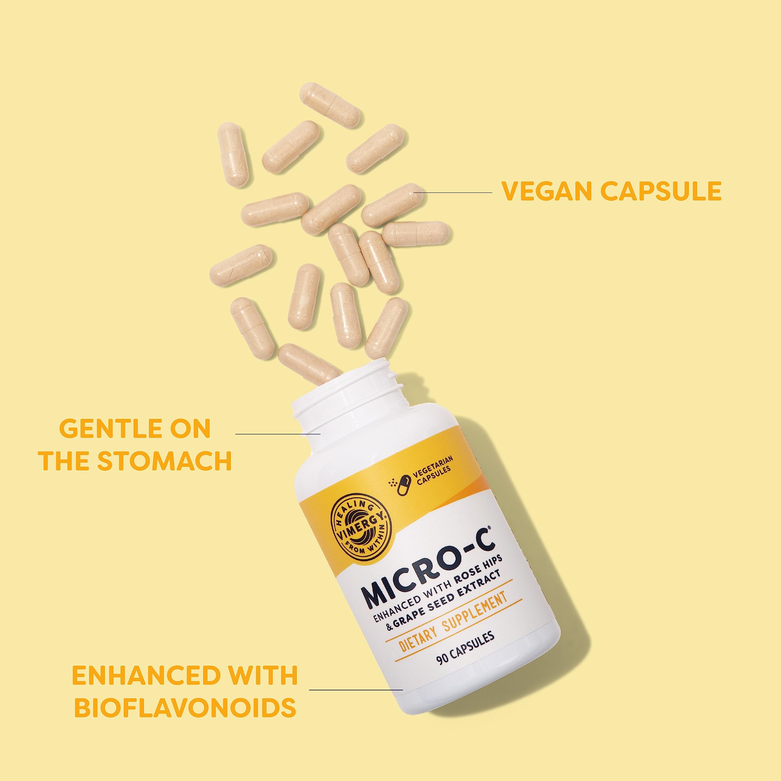 Vimergy Micro-C Capsules displayed with capsules on a wooden surface