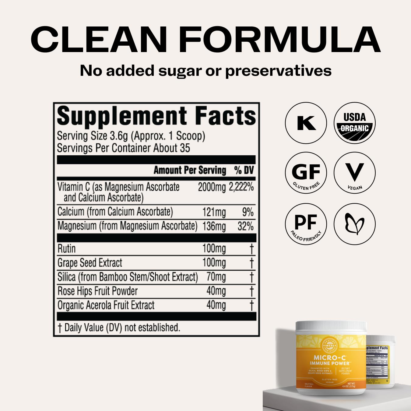 Vimergy Micro-C daily wellness Power Vitamin C Powder 125g ingredients list