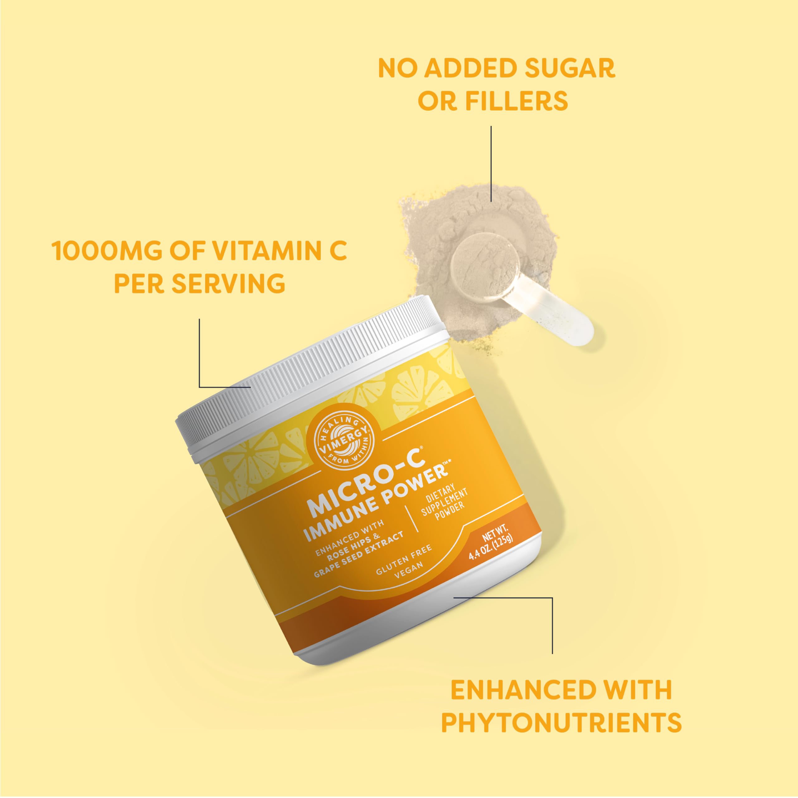 Vimergy Micro-C daily wellness Power Vitamin C Powder 125g mixed in a glass