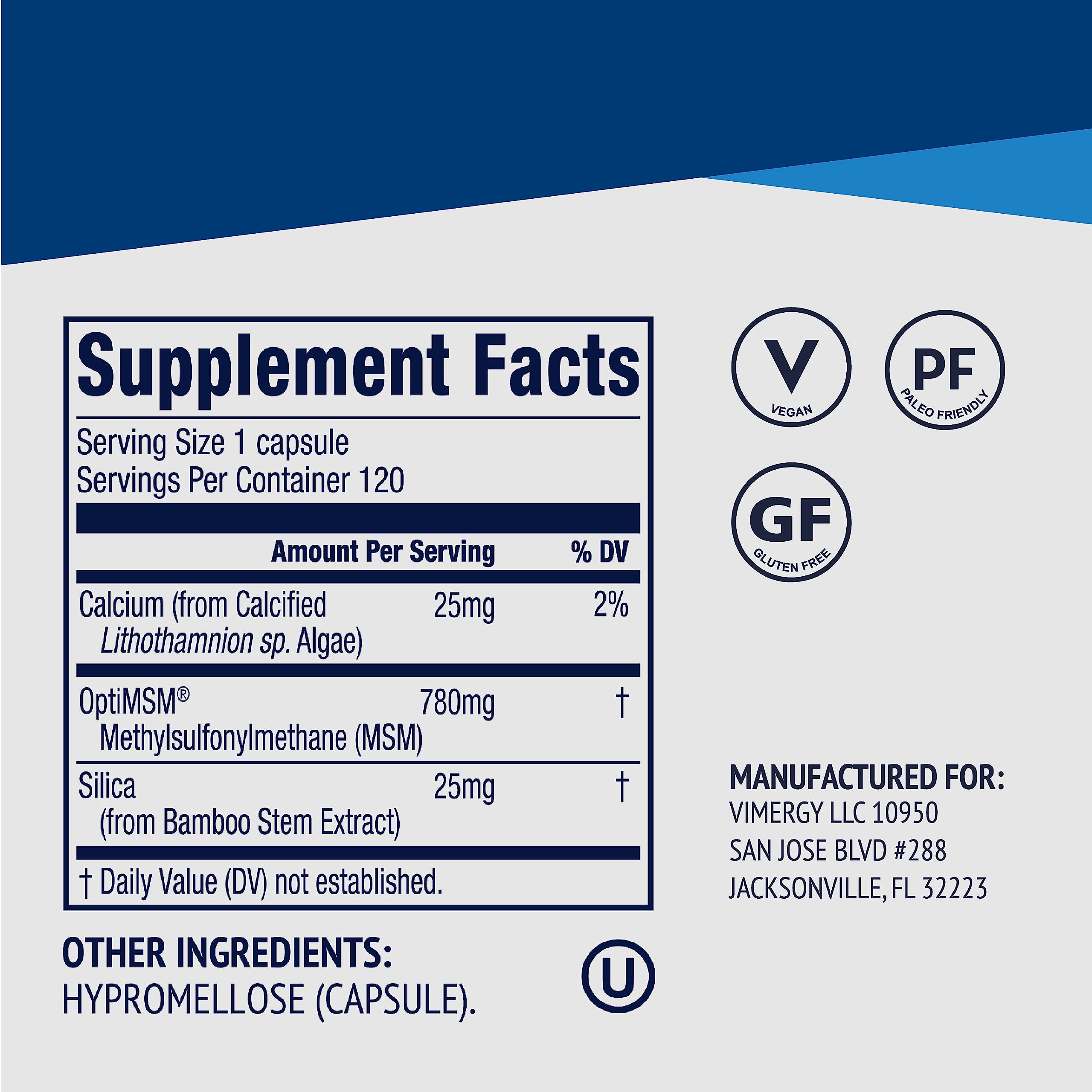 Vimergy MSM Capsules 780mg OptiMSM open capsule with powder