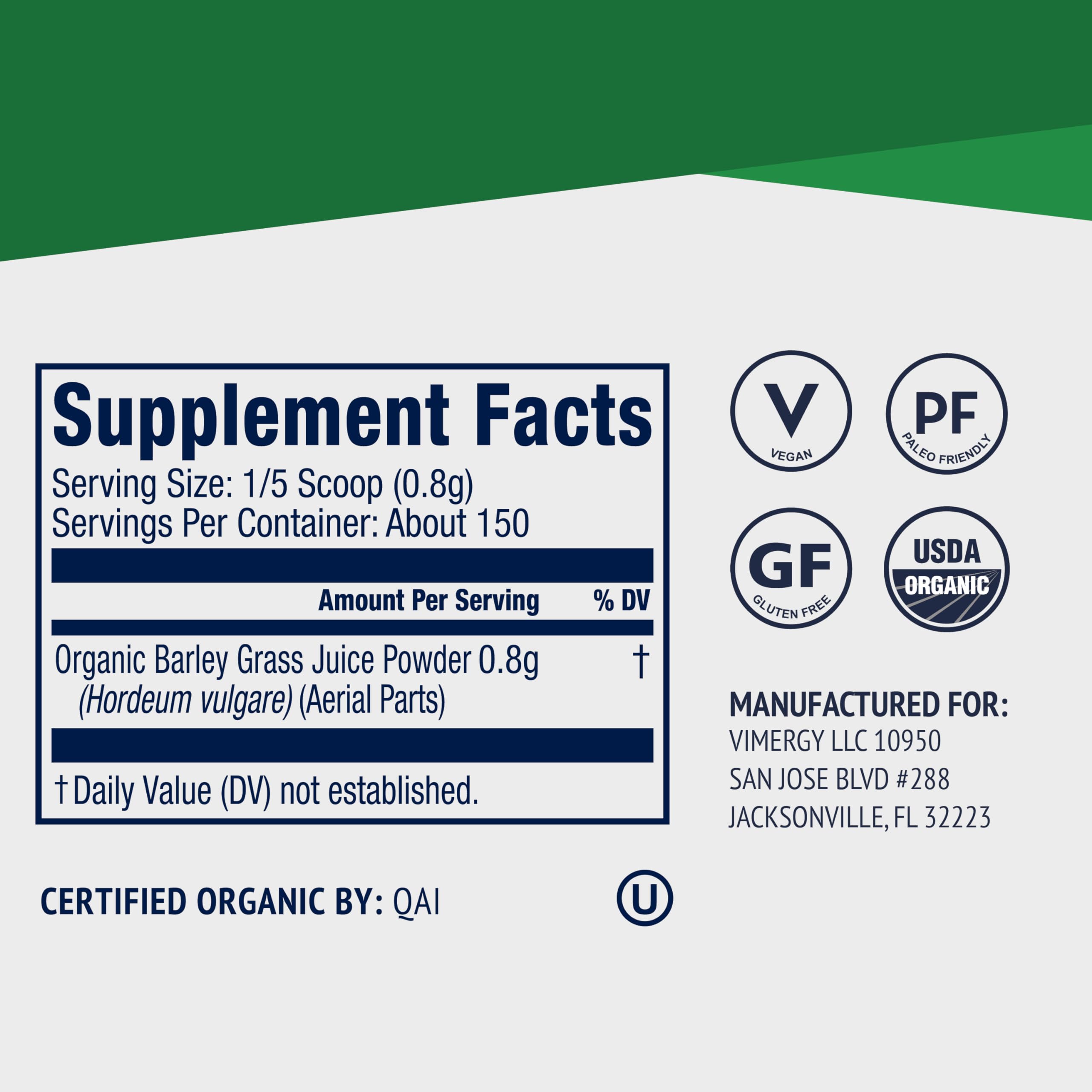 Vimergy Organic Barley Grass Juice Powder 125g mixed in a smoothie
