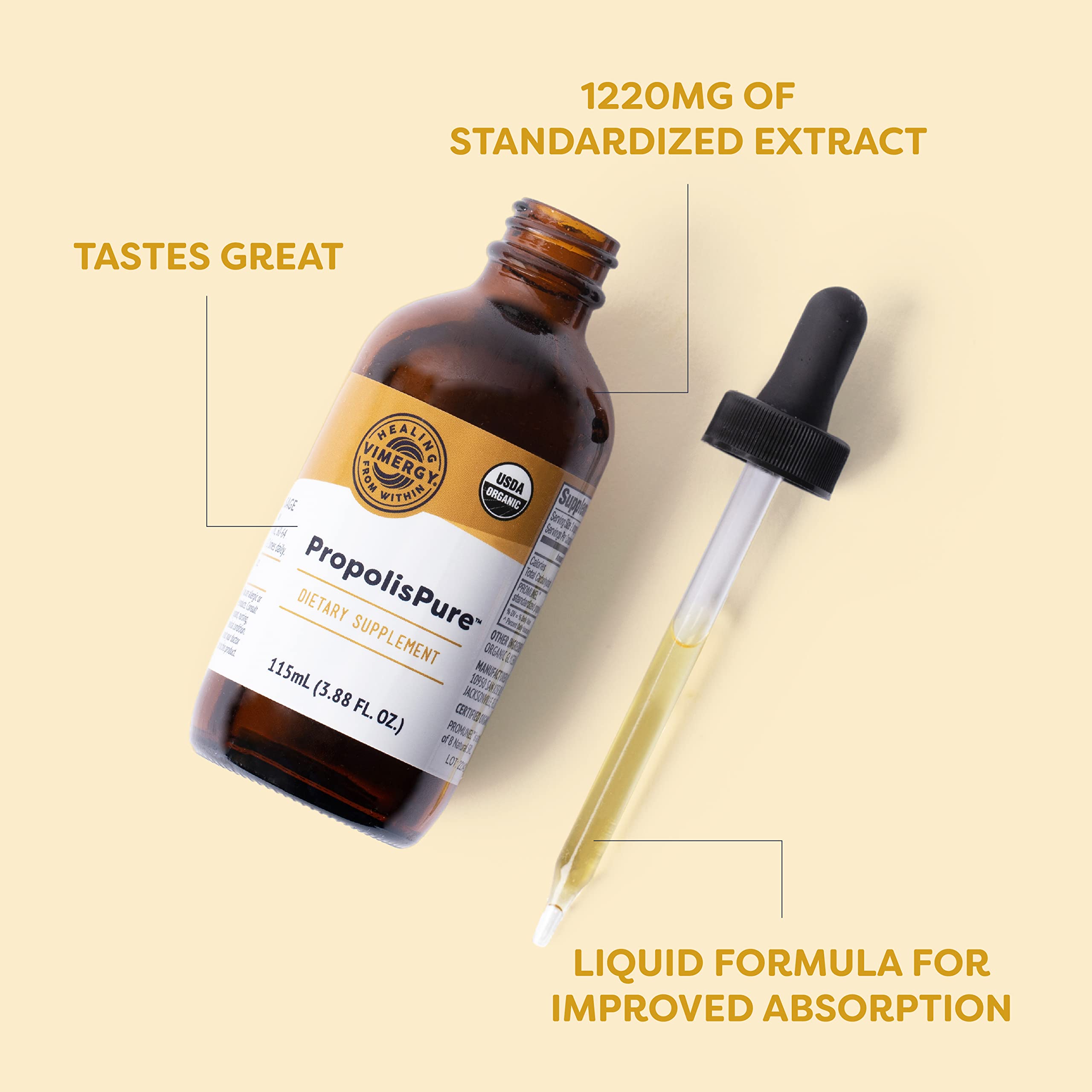 Vimergy PropolisPure 1220mg liquid supplement with dropper