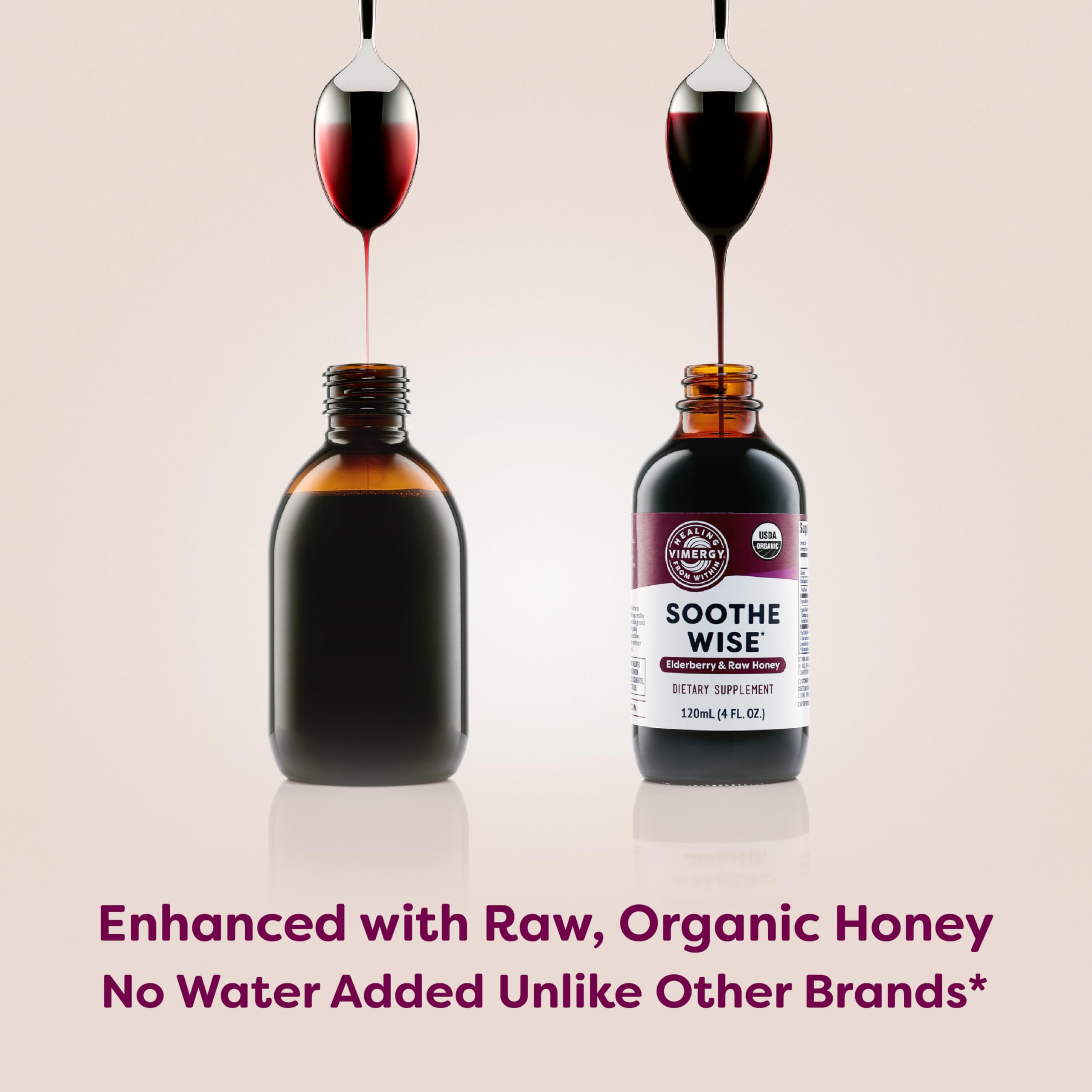 Vimergy Soothe Wise Elderberry Syrup 280g on a wooden table