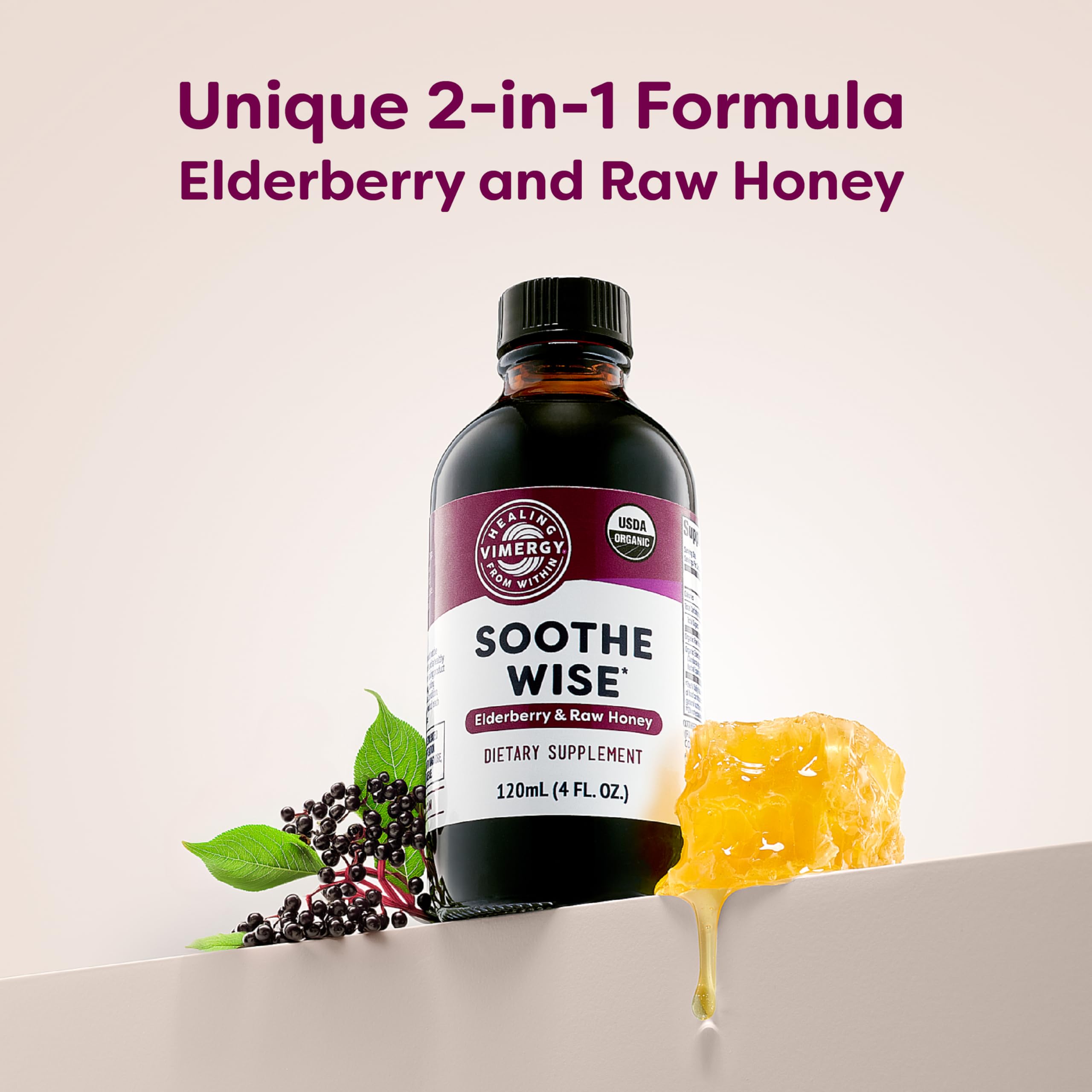 Vimergy Soothe Wise Elderberry Syrup 280g with spoon