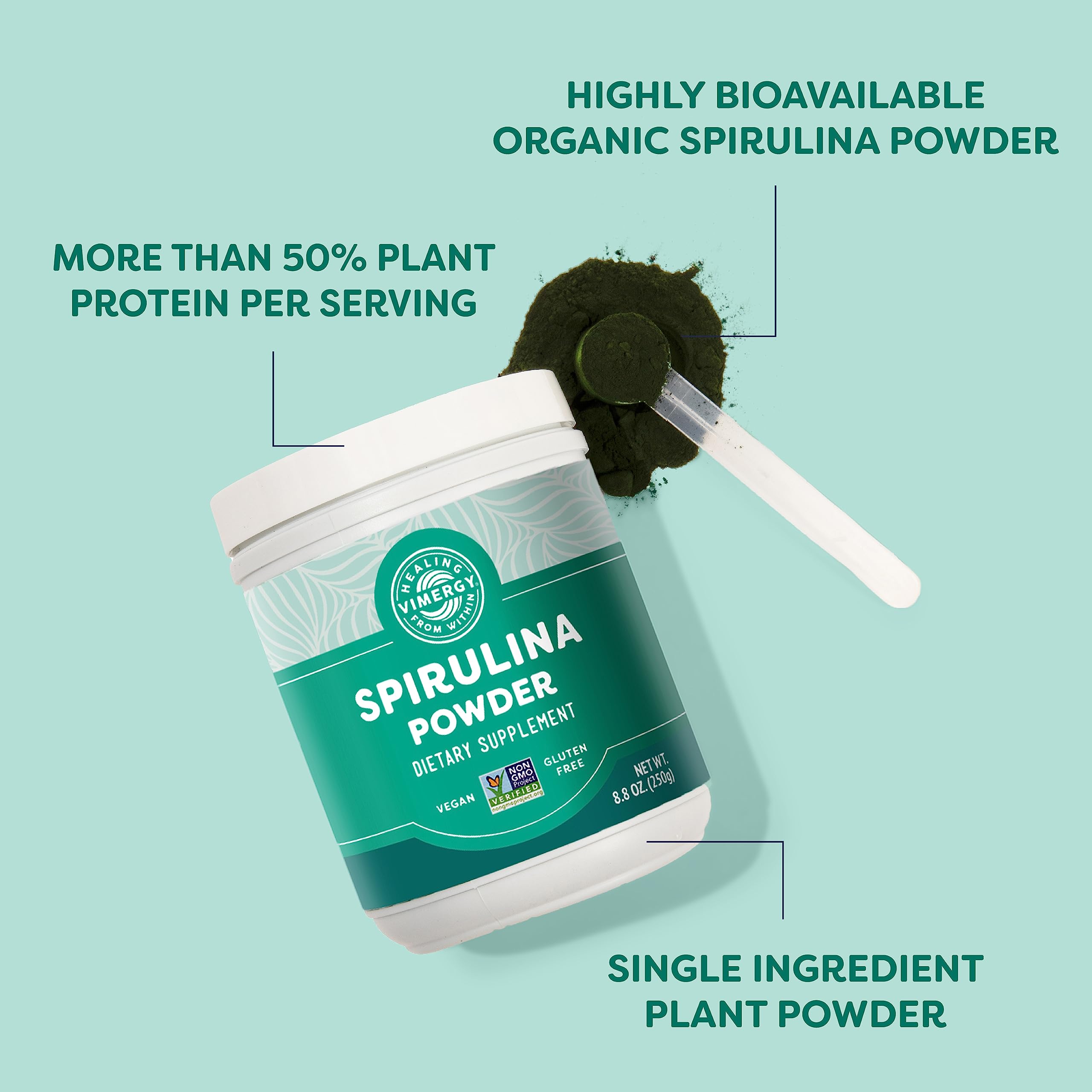 Vimergy Spirulina Powder 250g mixed in a smoothie