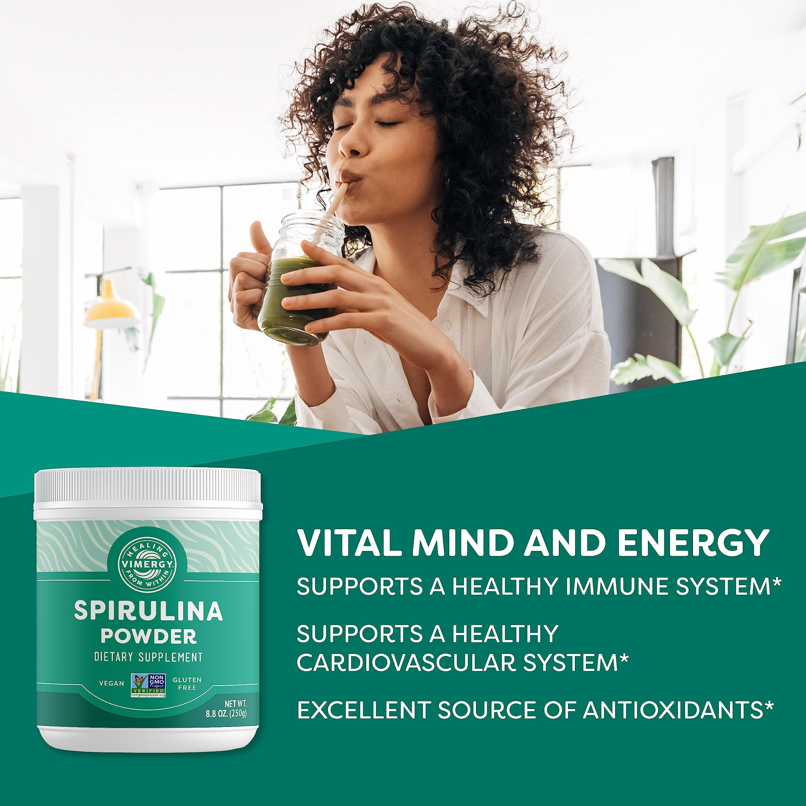 Vimergy Spirulina Powder 250g scoop on a wooden table