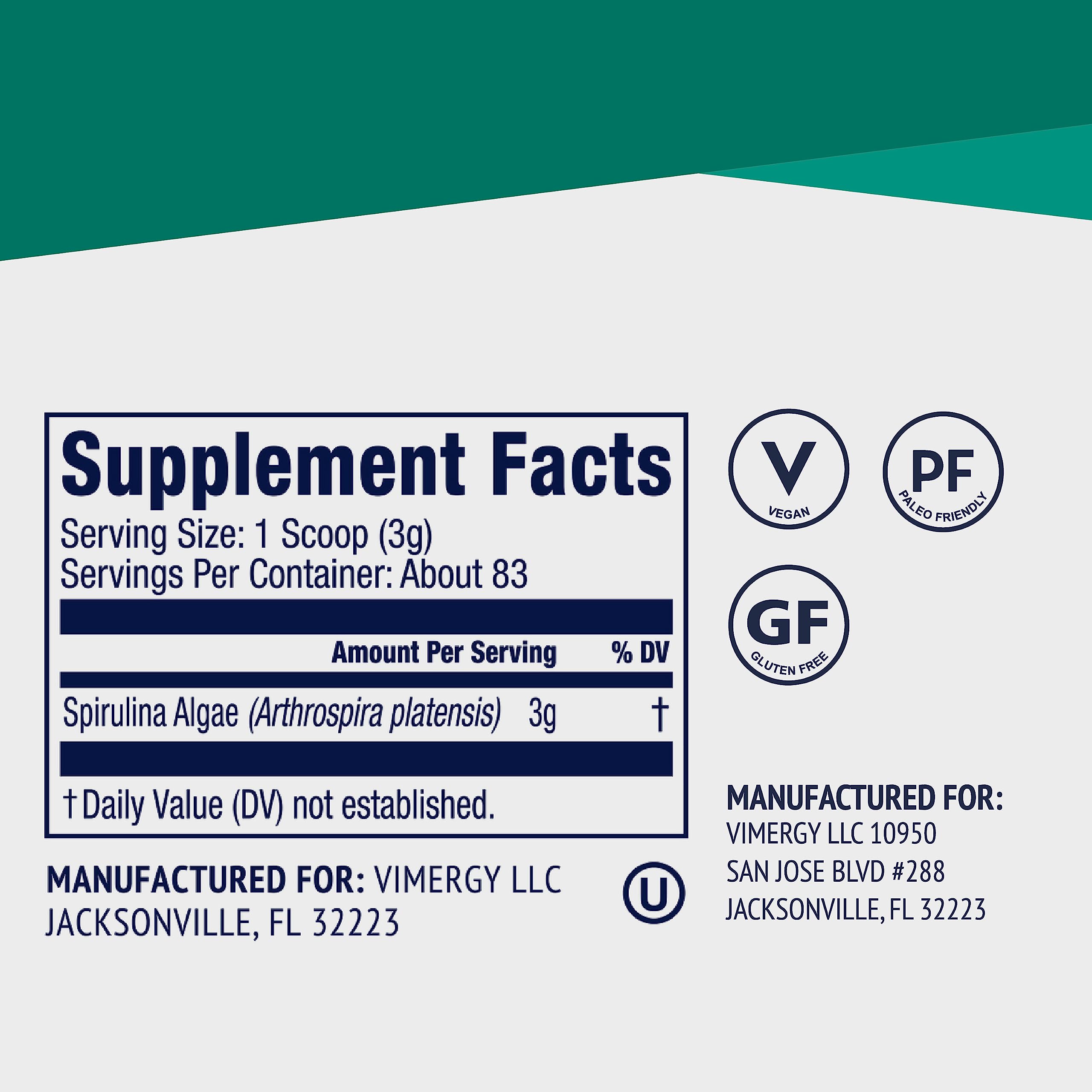 Vimergy Spirulina Powder 250g side view of the packaging