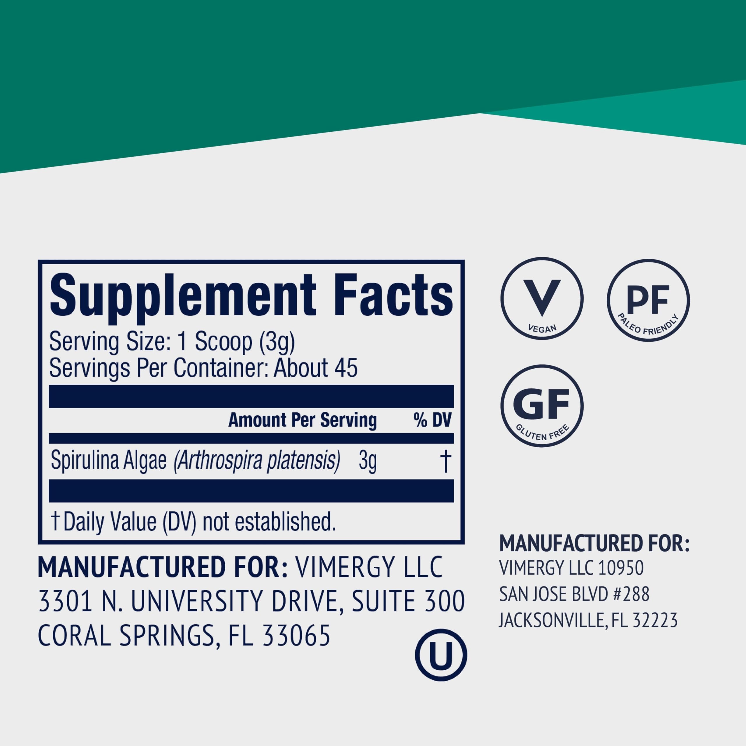 Vimergy Spirulina Powder packaging side view