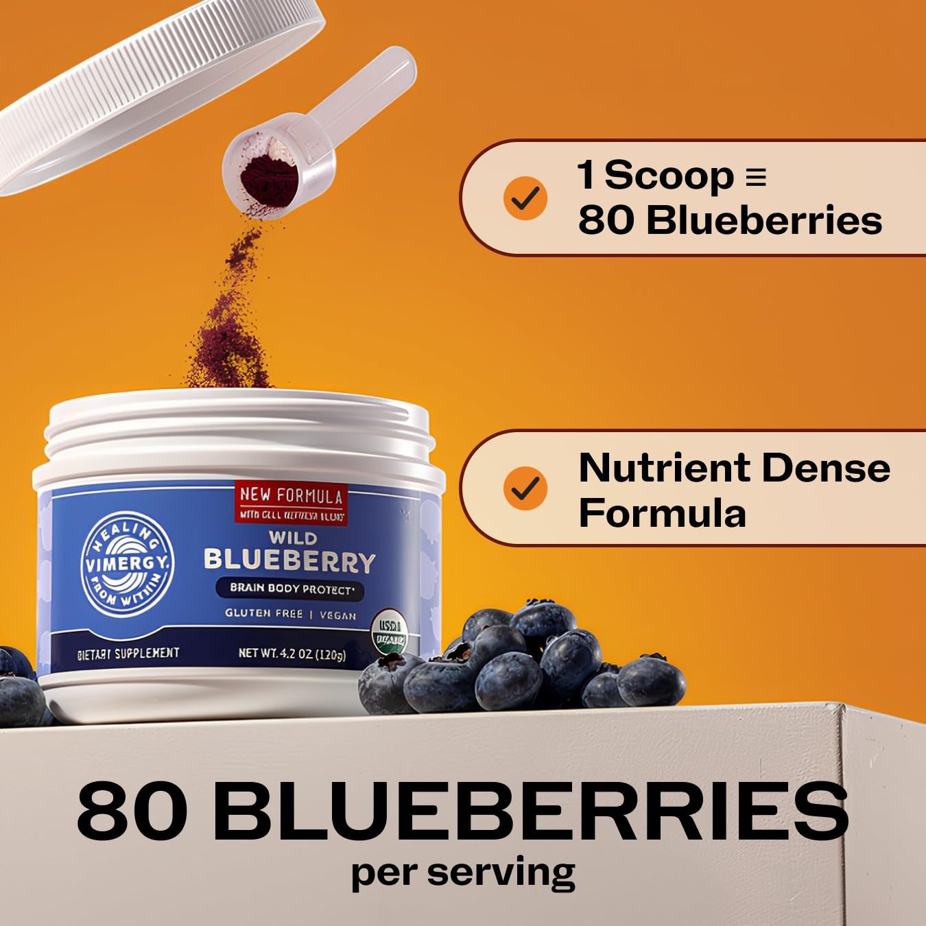 Vimergy Wild Blueberry Powder in a glass of juice
