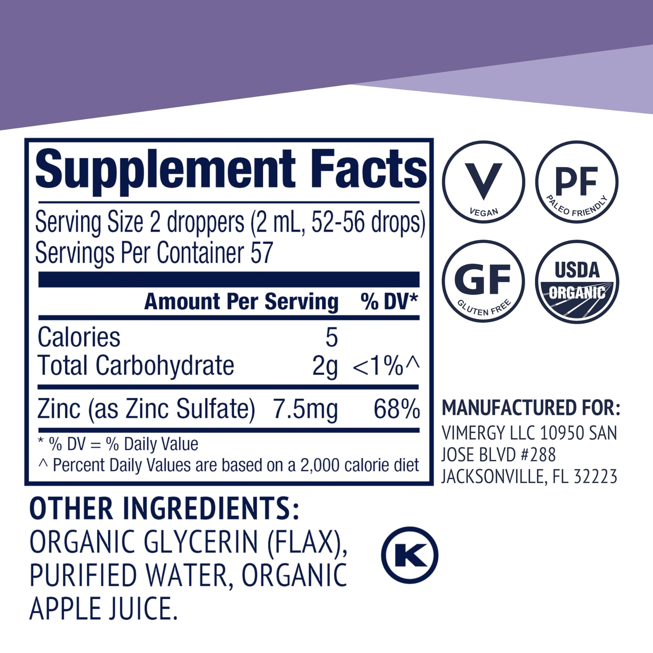 Vimergy Zinc Liquid Drops 280g with fresh raspberries