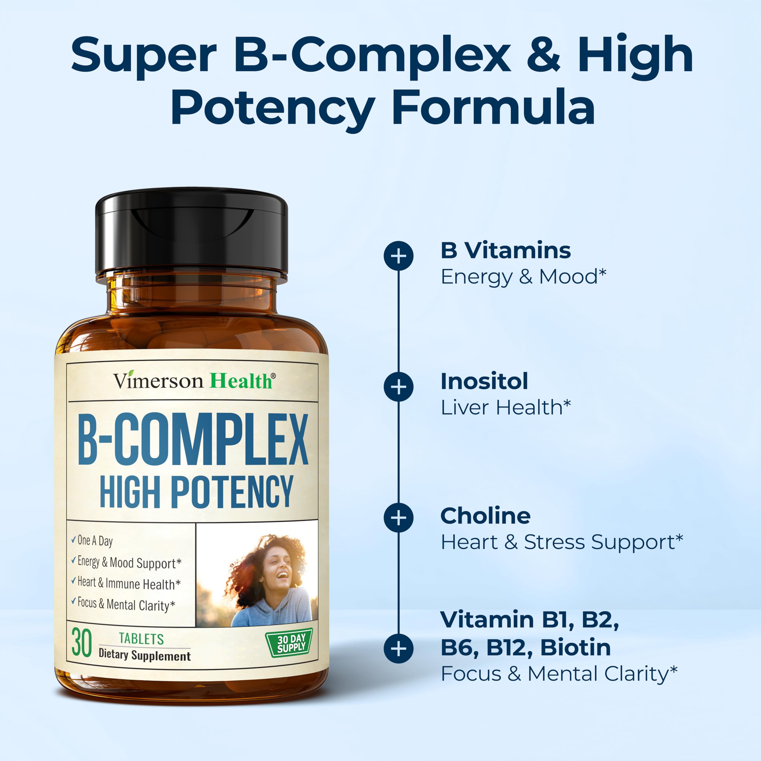 Vimerson Health B-Complex Vitamins opened bottle with capsules visible