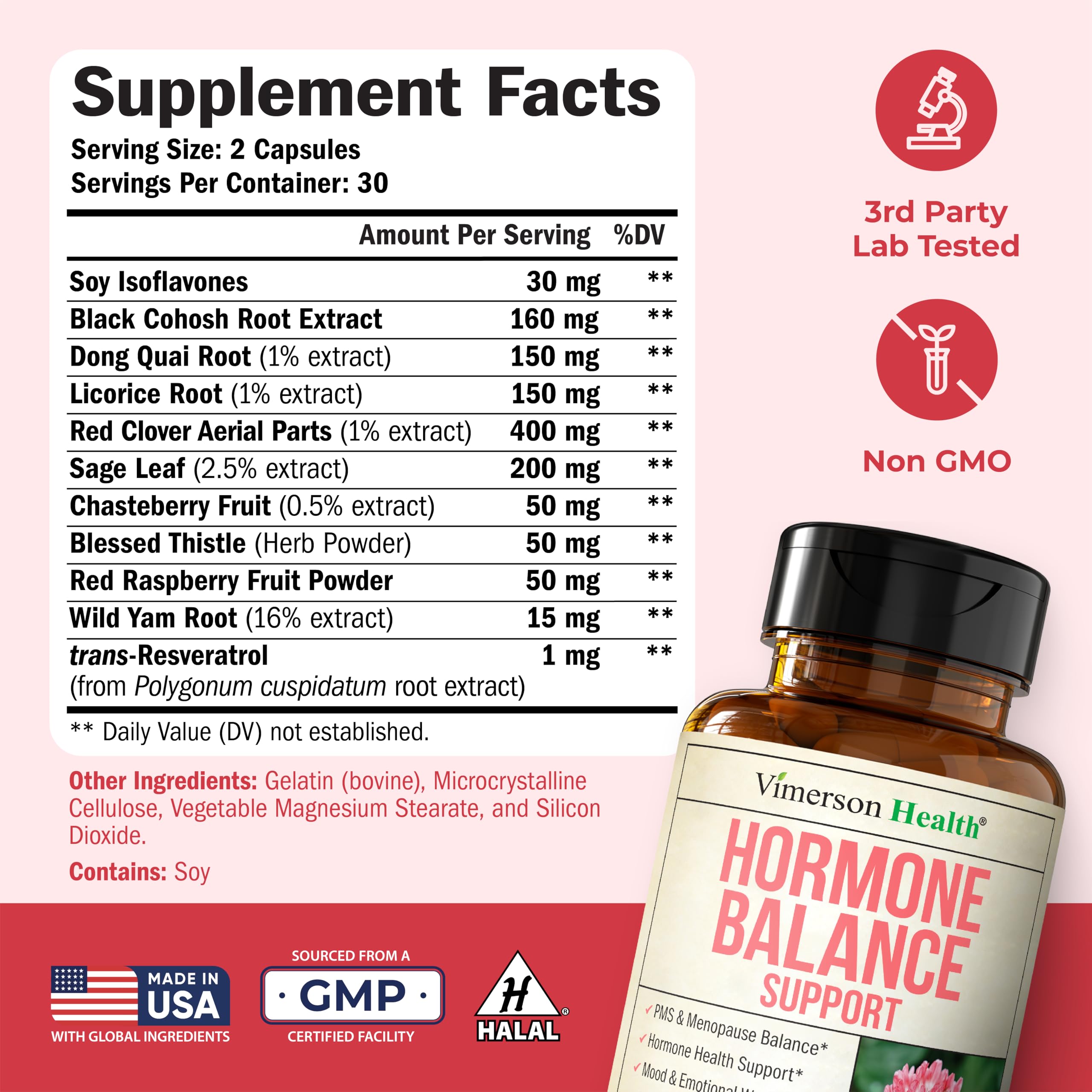 Vimerson Health Black Cohosh Supplement ingredients list on packaging