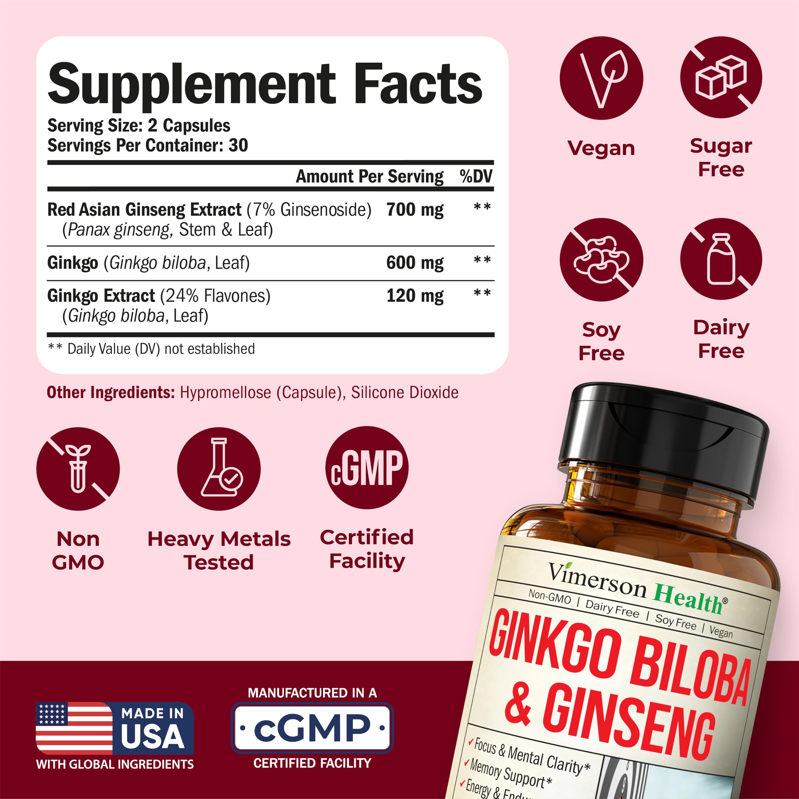 Vimerson Health Ginkgo Biloba & Ginseng Capsules bottle with label