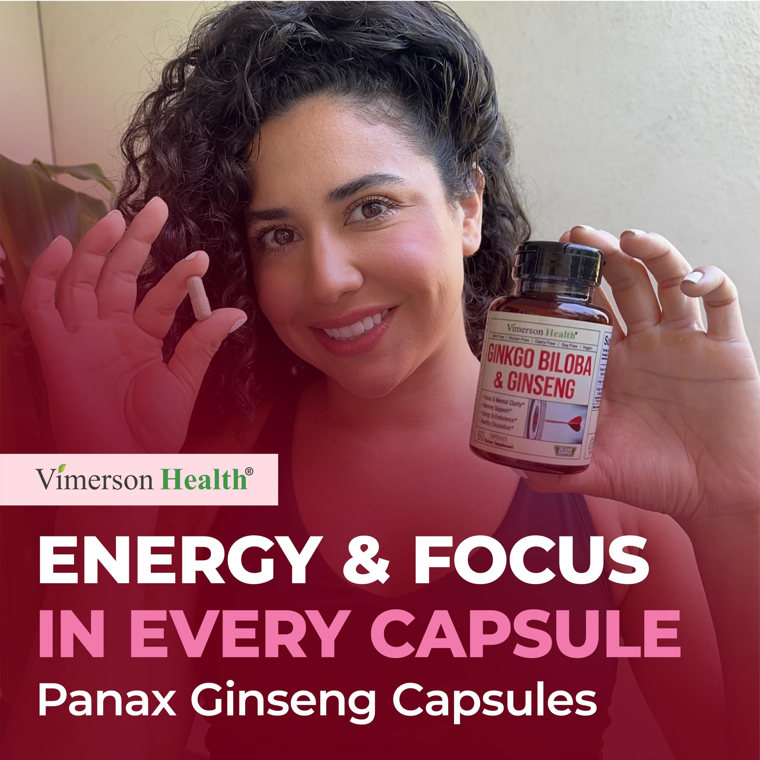 Vimerson Health Ginkgo Biloba & Ginseng Capsules with a glass of water