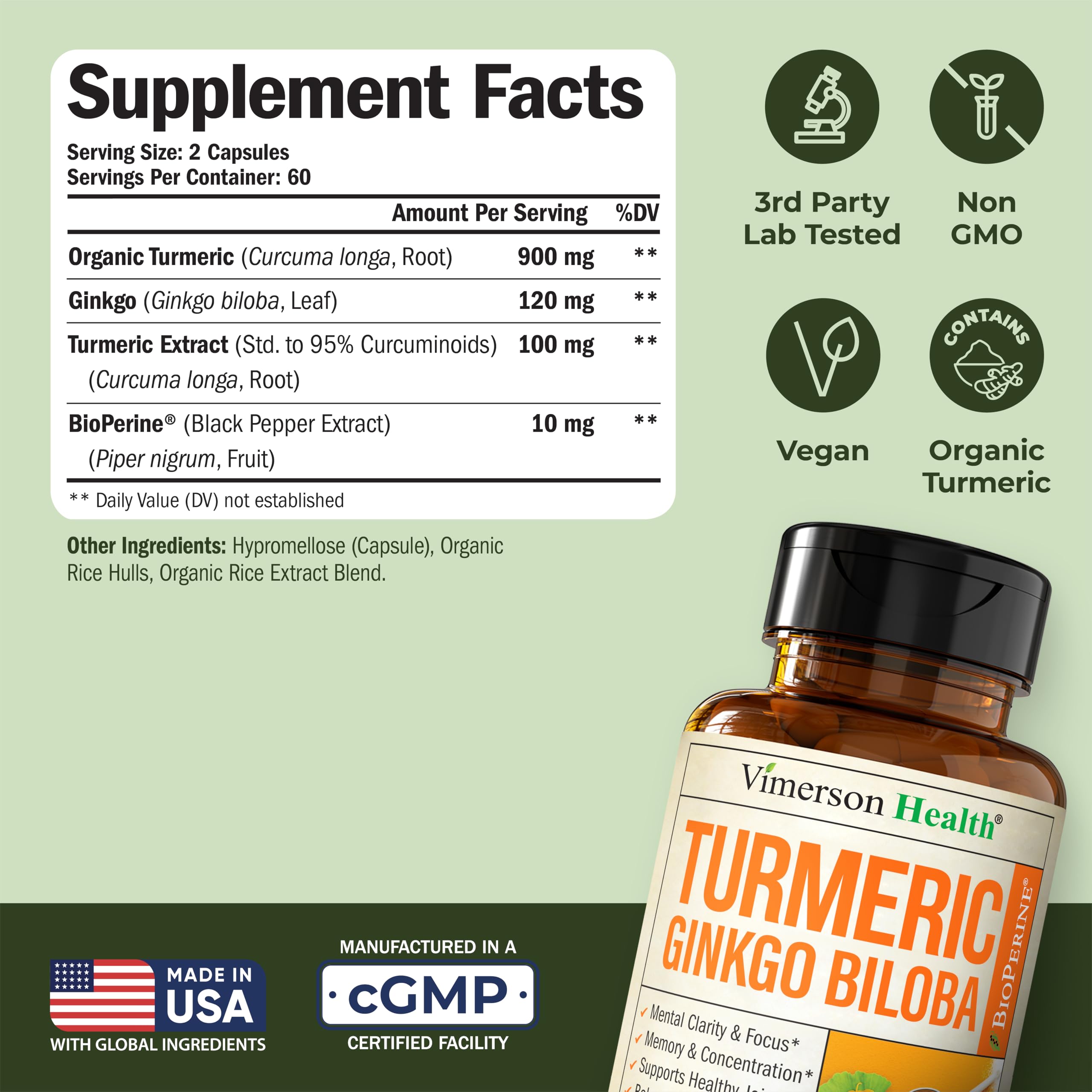Vimerson Health Ginkgo Biloba Turmeric Capsules bottle with label