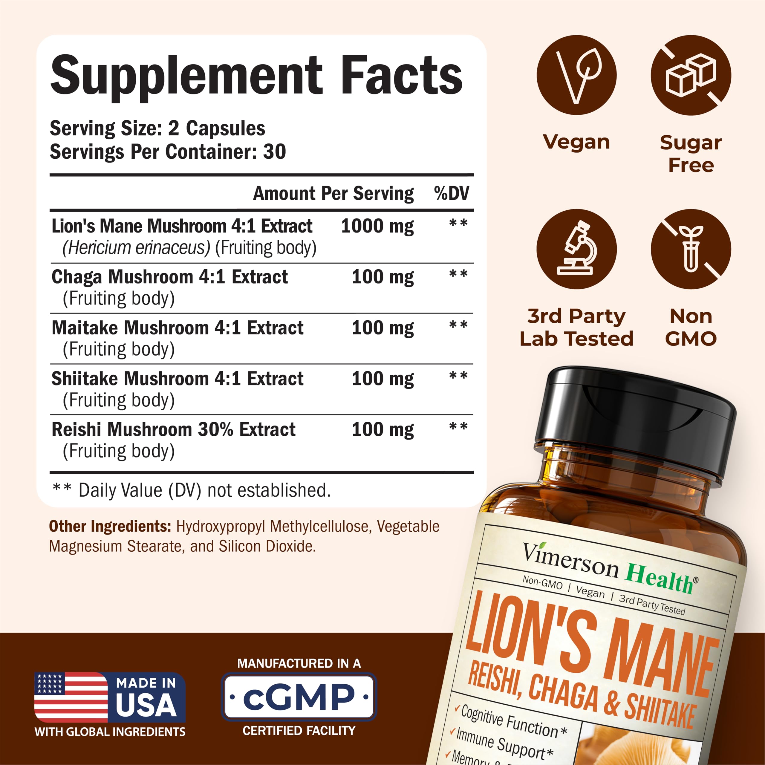 Vimerson Health Lion's Mane Mushroom Capsules bottle with label
