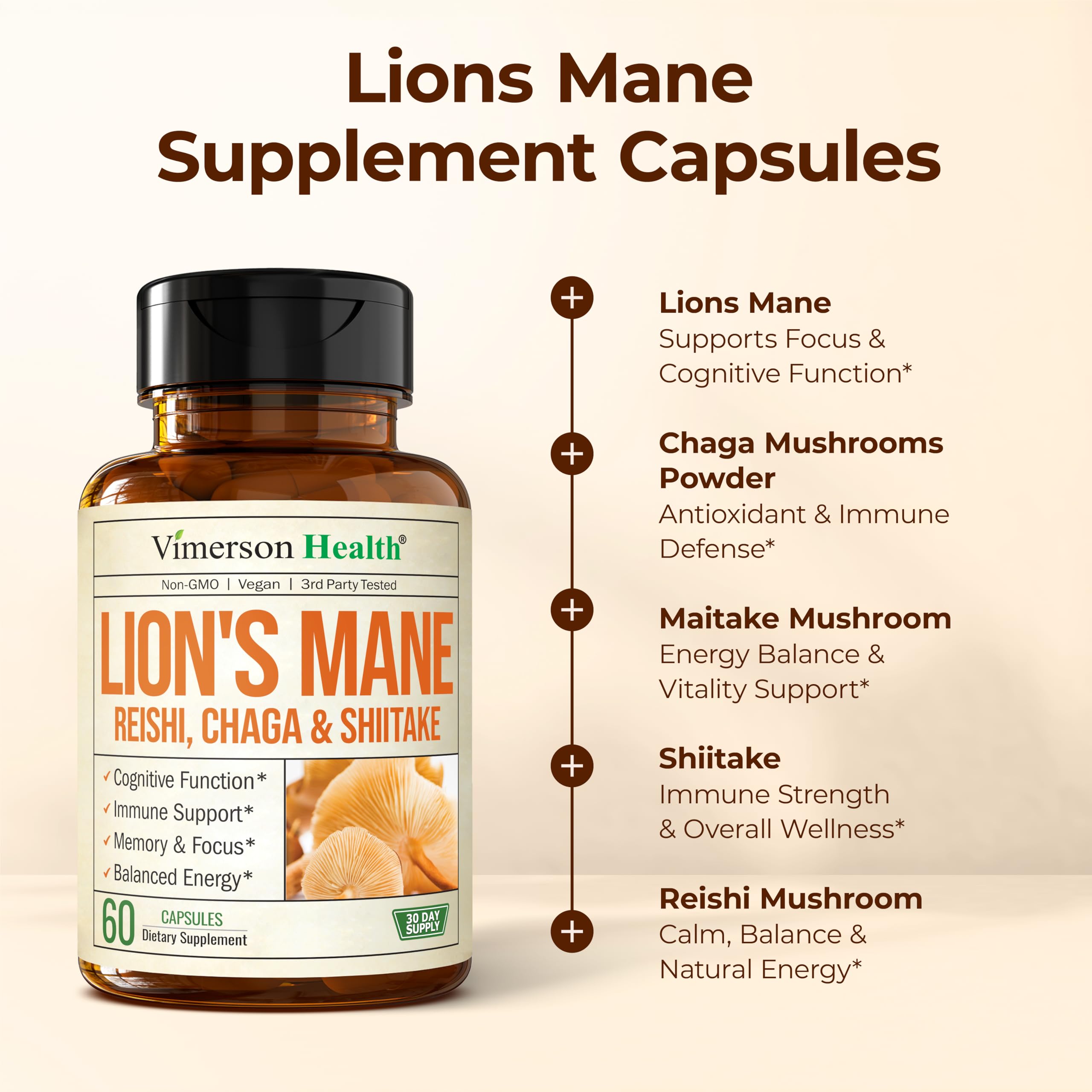 Vimerson Health Lion's Mane Mushroom Capsules with other herbal supplements