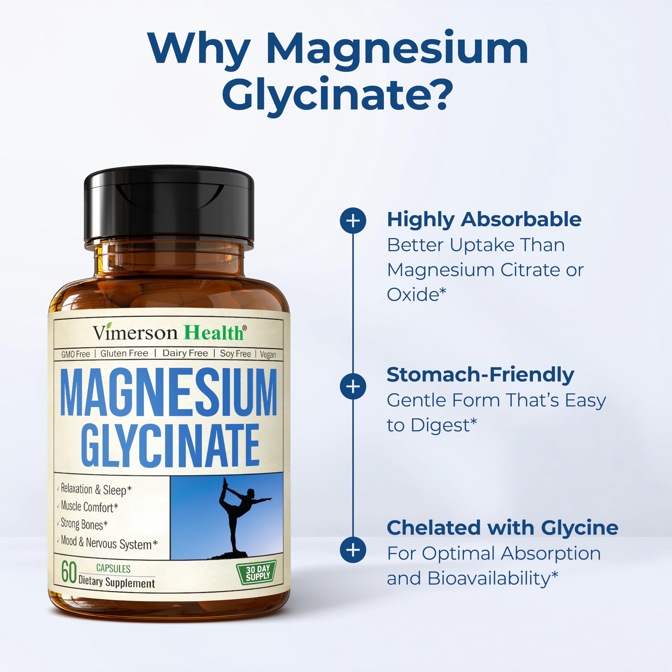 Vimerson Health Magnesium Glycinate 200mg capsules on a wooden table