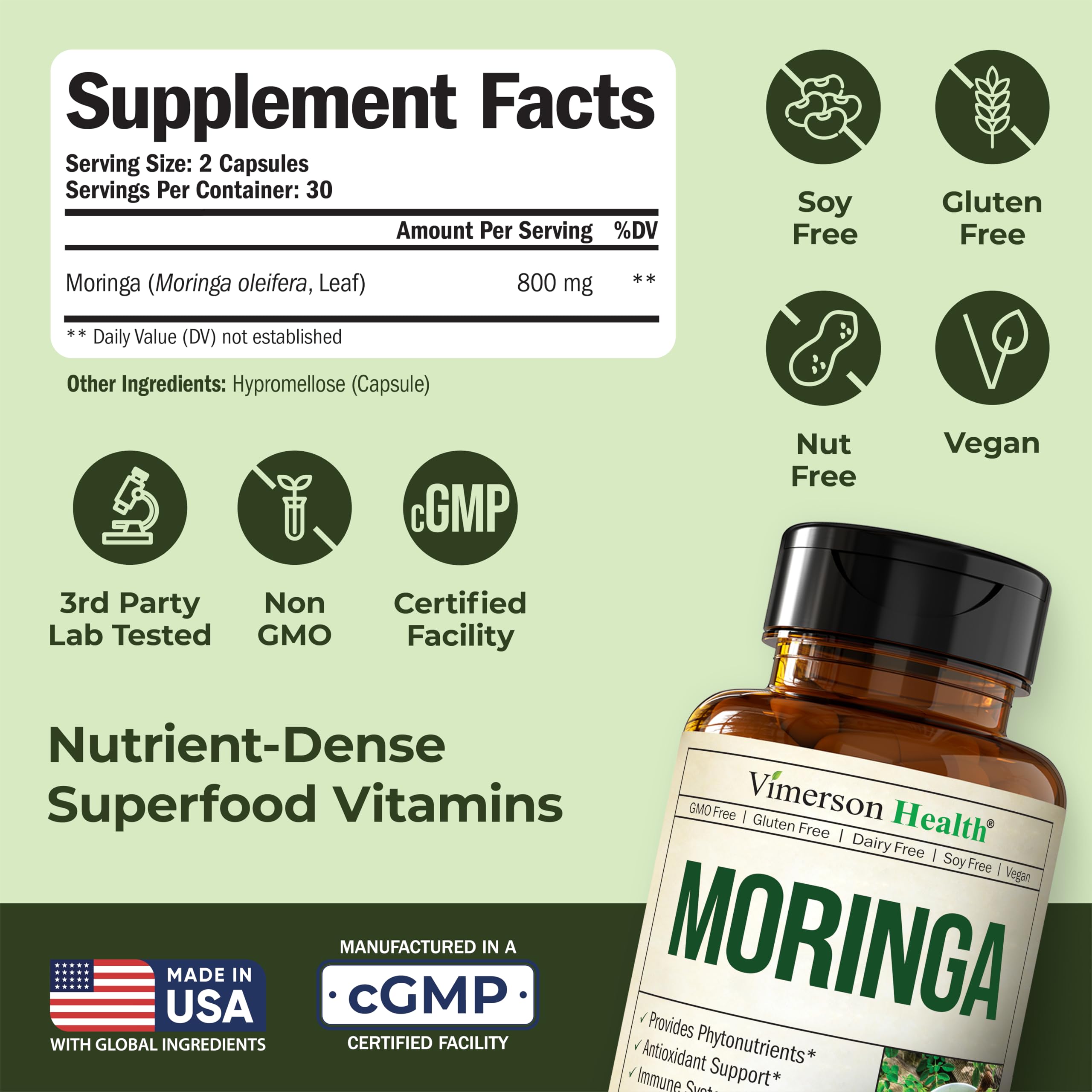 Vimerson Health Moringa Leaf Powder Capsules bottle with label