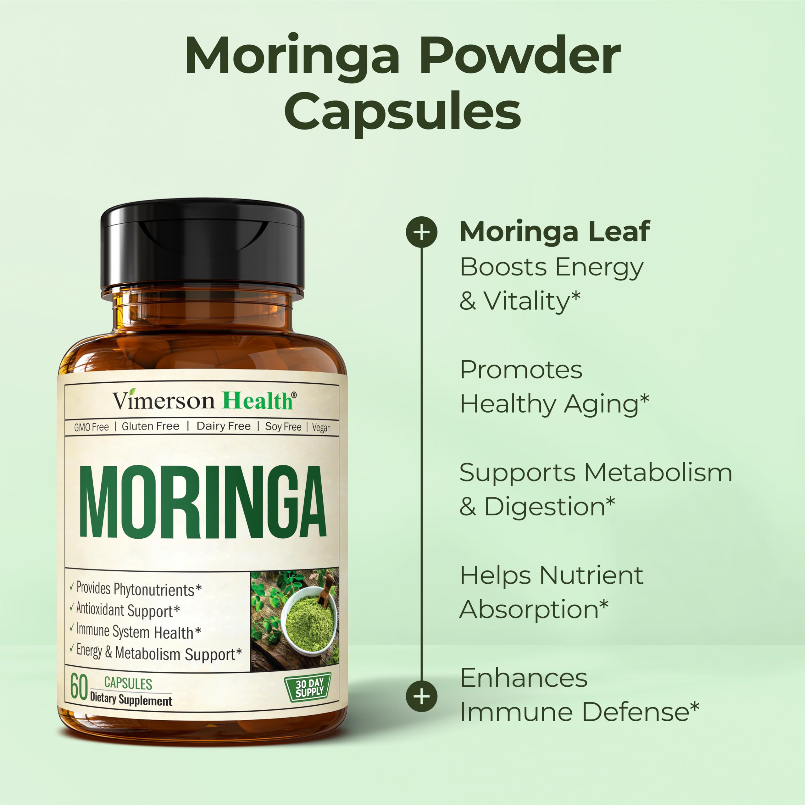 Vimerson Health Moringa Leaf Powder Capsules with a few capsules on the table