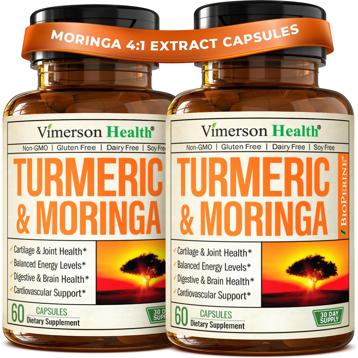 Vimerson Health Moringa Turmeric Supplement front view with bottle label