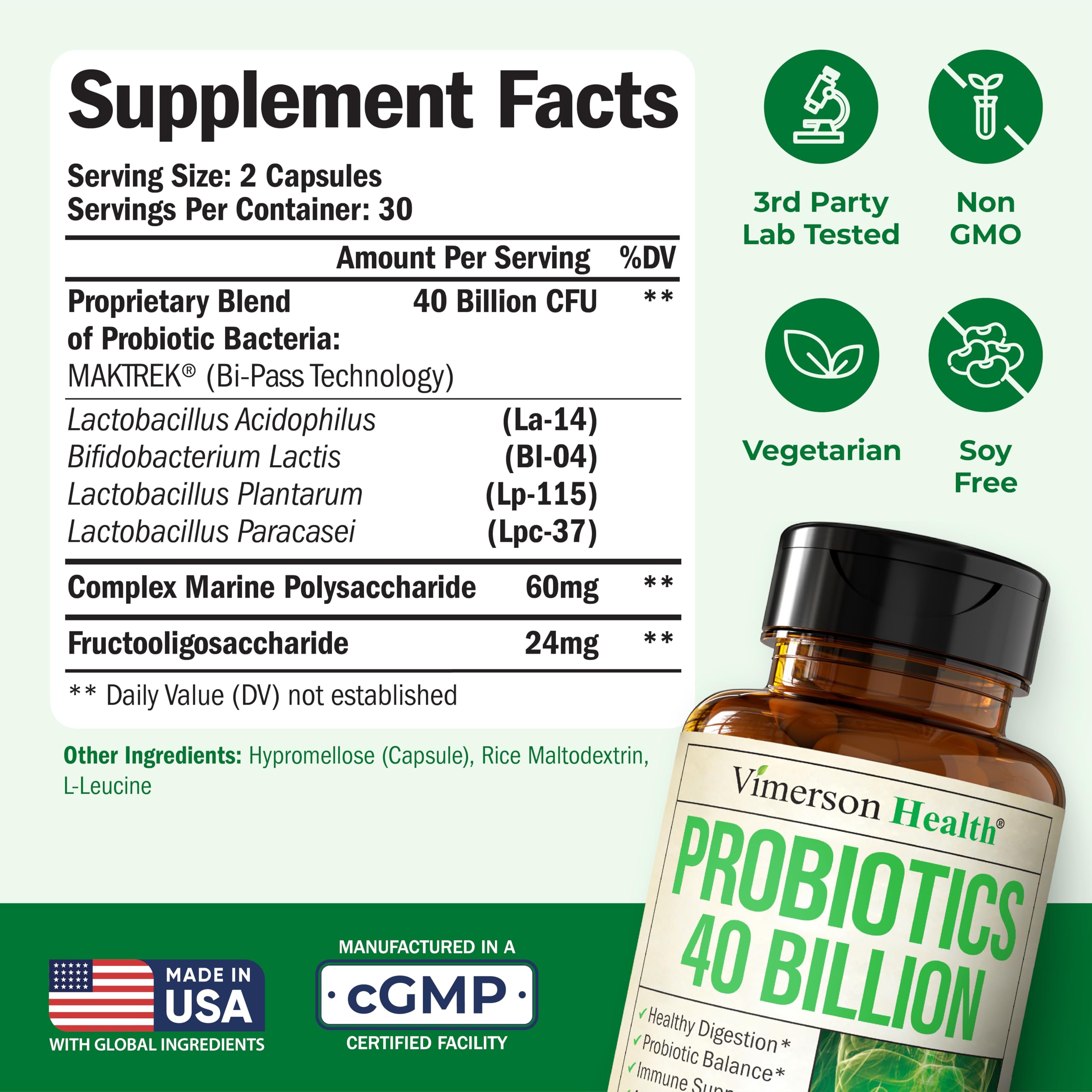 Vimerson Health Probiotic Supplement packaging with ingredients list
