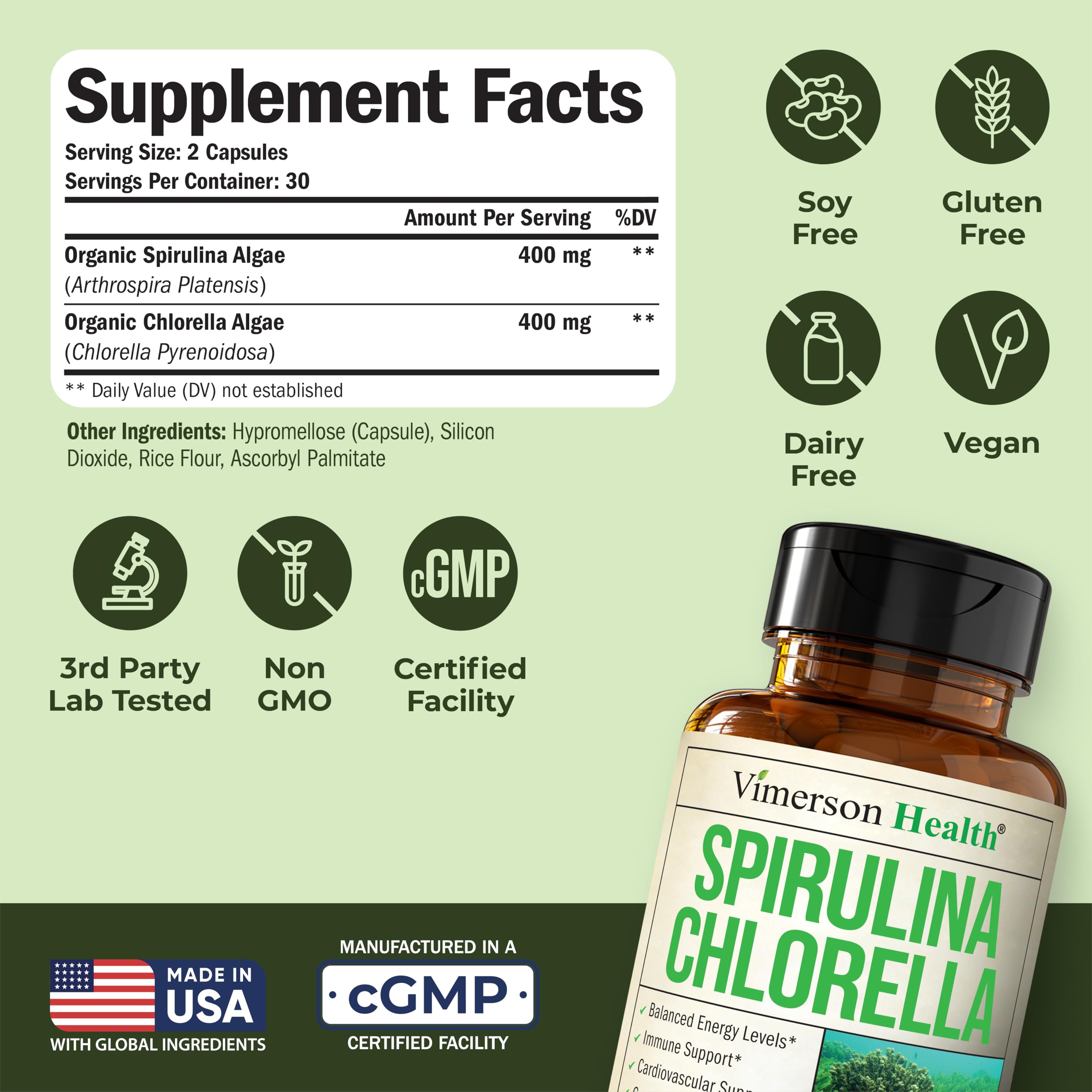 Vimerson Health Spirulina and Chlorella Capsules 800mg bottle with label