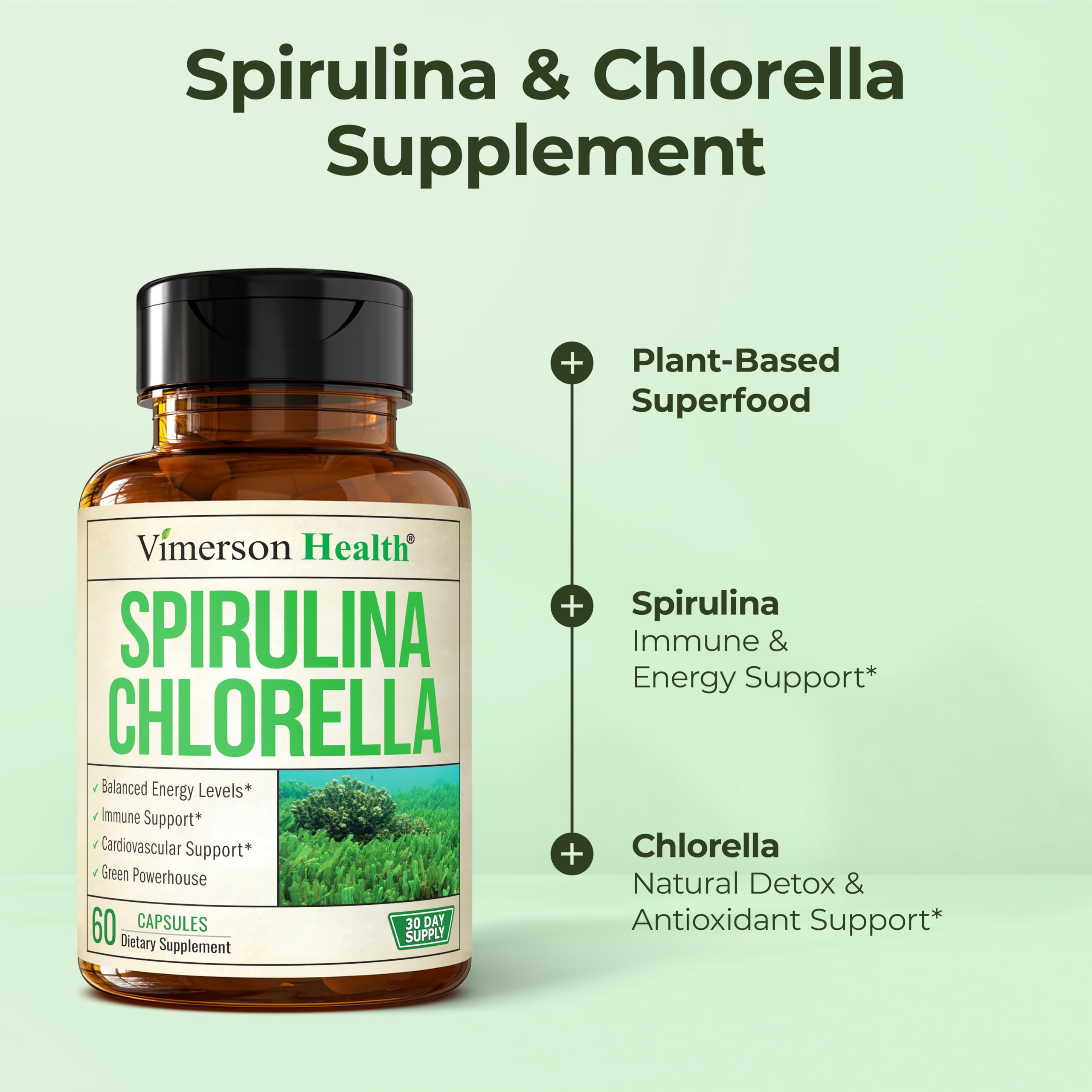 Vimerson Health Spirulina and Chlorella Capsules 800mg capsules on a table