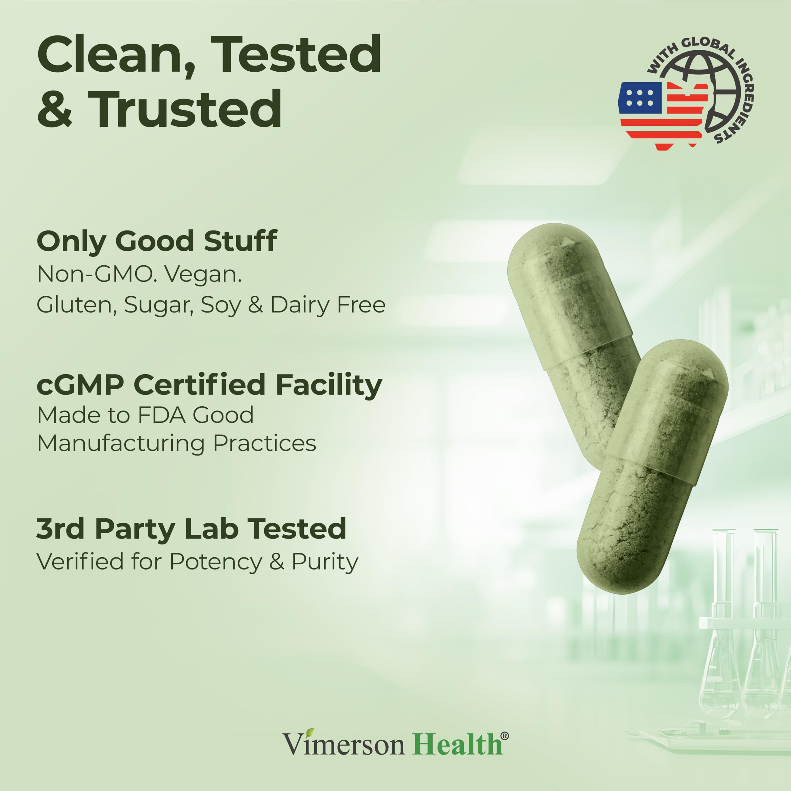 Vimerson Health Spirulina and Chlorella Capsules 800mg open bottle with capsules