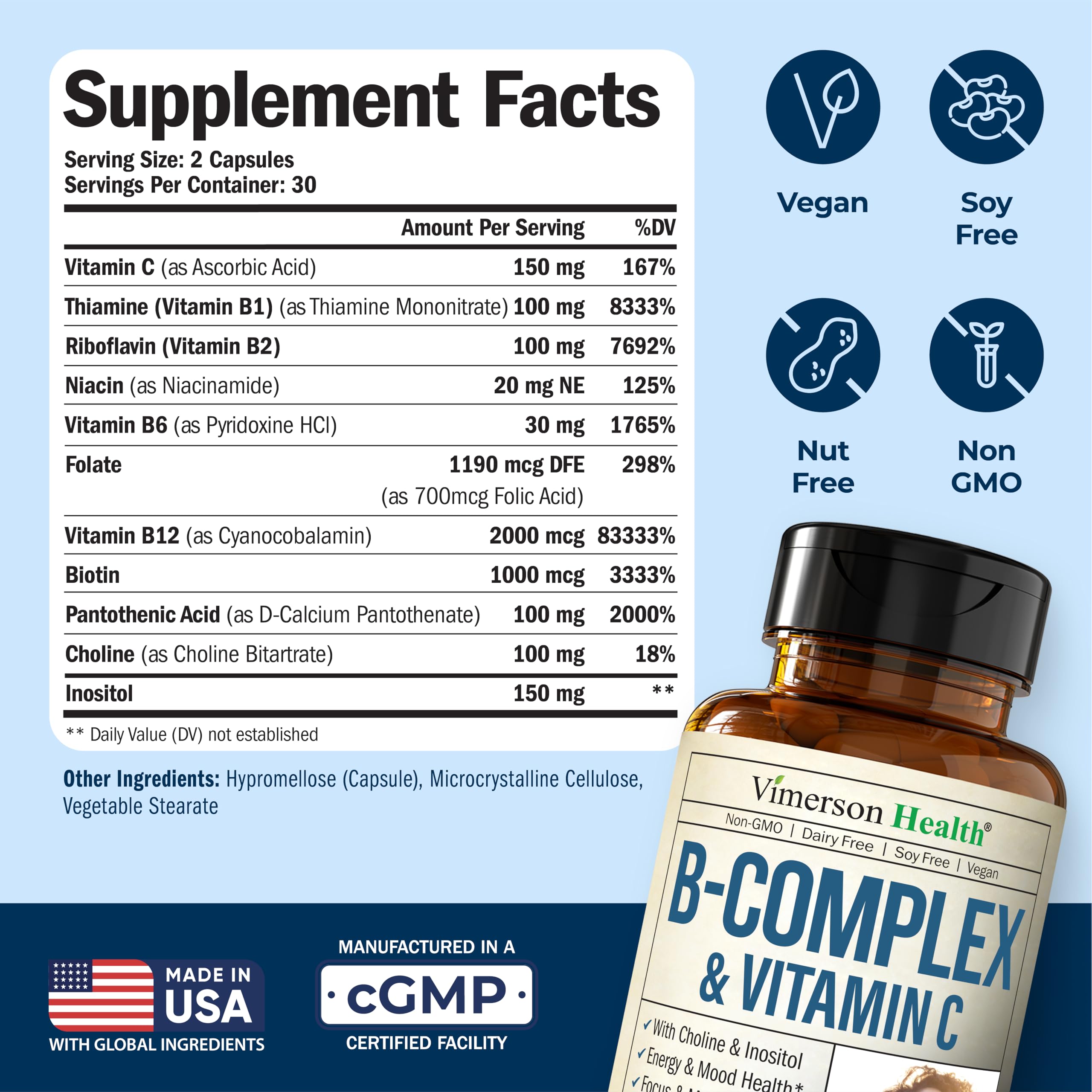 Vimerson Health Super B Complex Vitamins back view with ingredient list