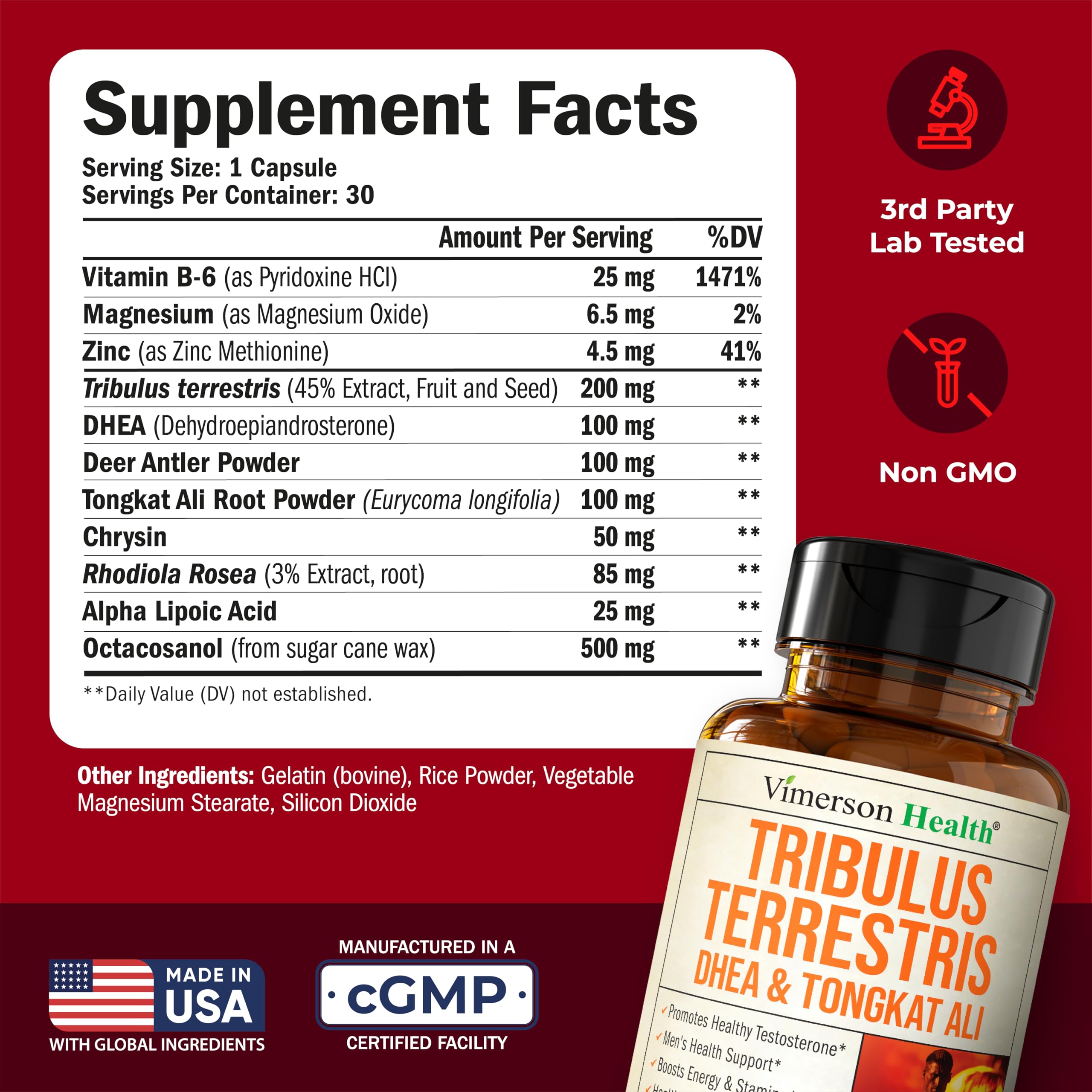 Vimerson Health Tribulus Terrestris Supplement 200mg side view