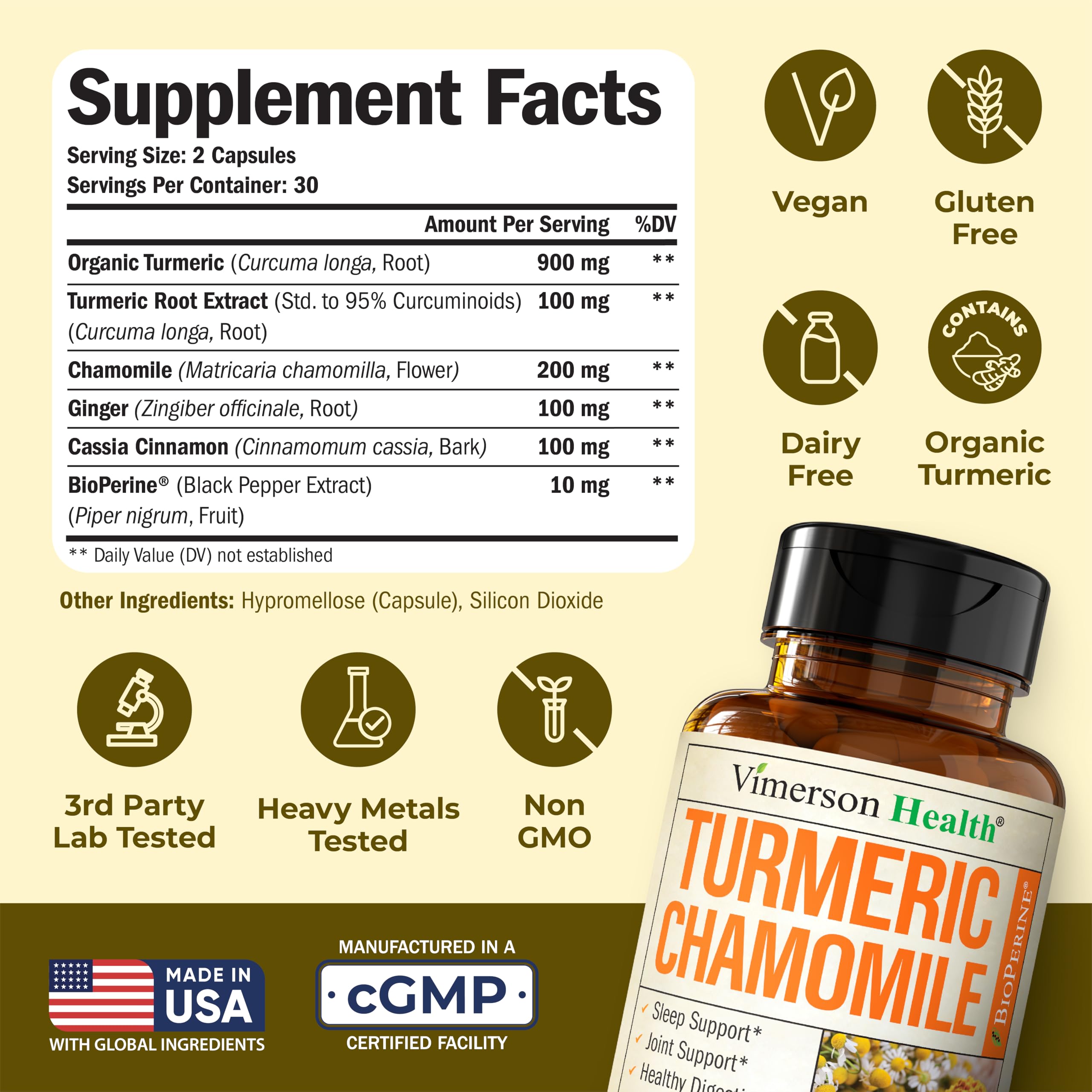 Vimerson Health Turmeric Chamomile Curcuma Capsules back view with ingredients