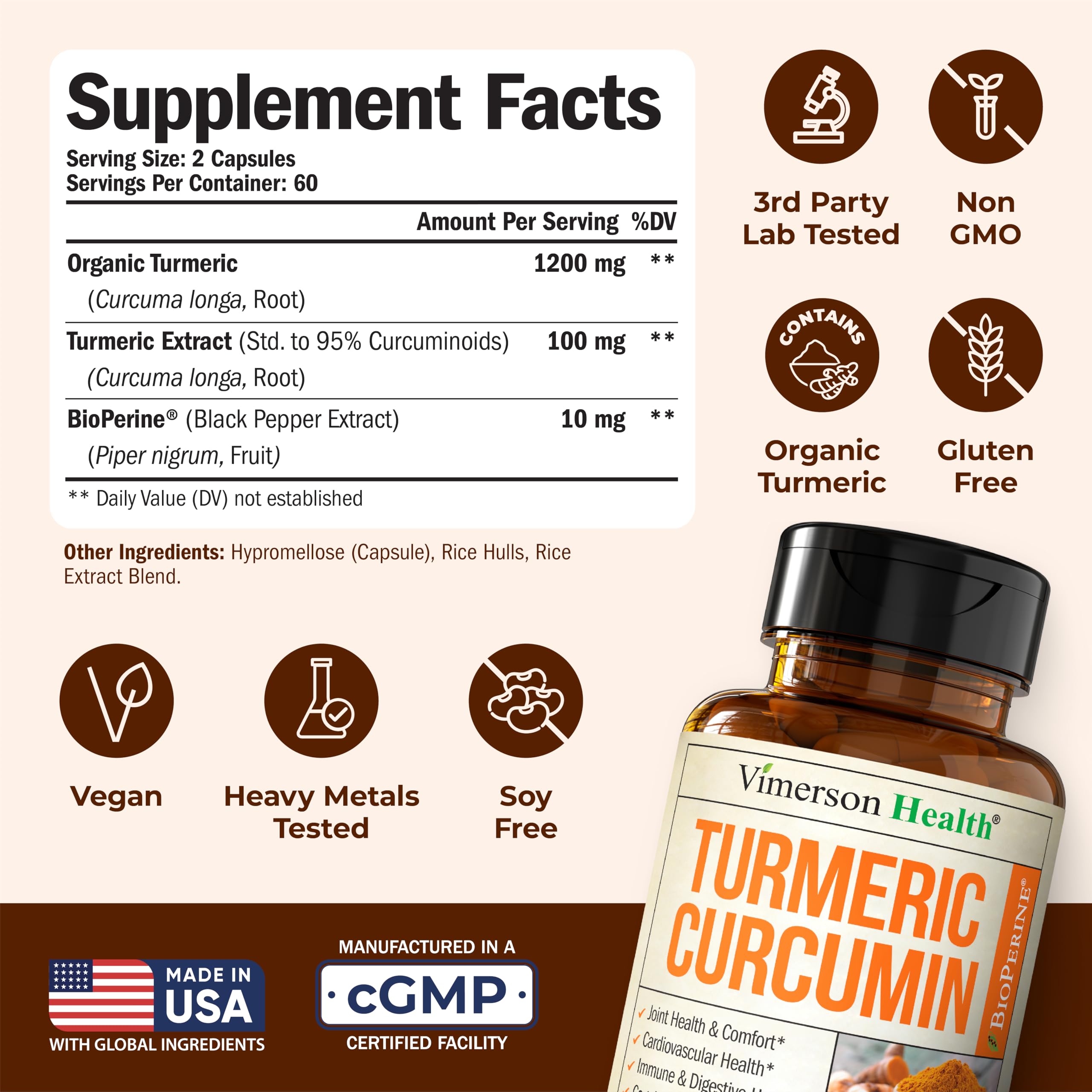 Vimerson Health Turmeric Curcumin Supplement capsules on a wooden surface
