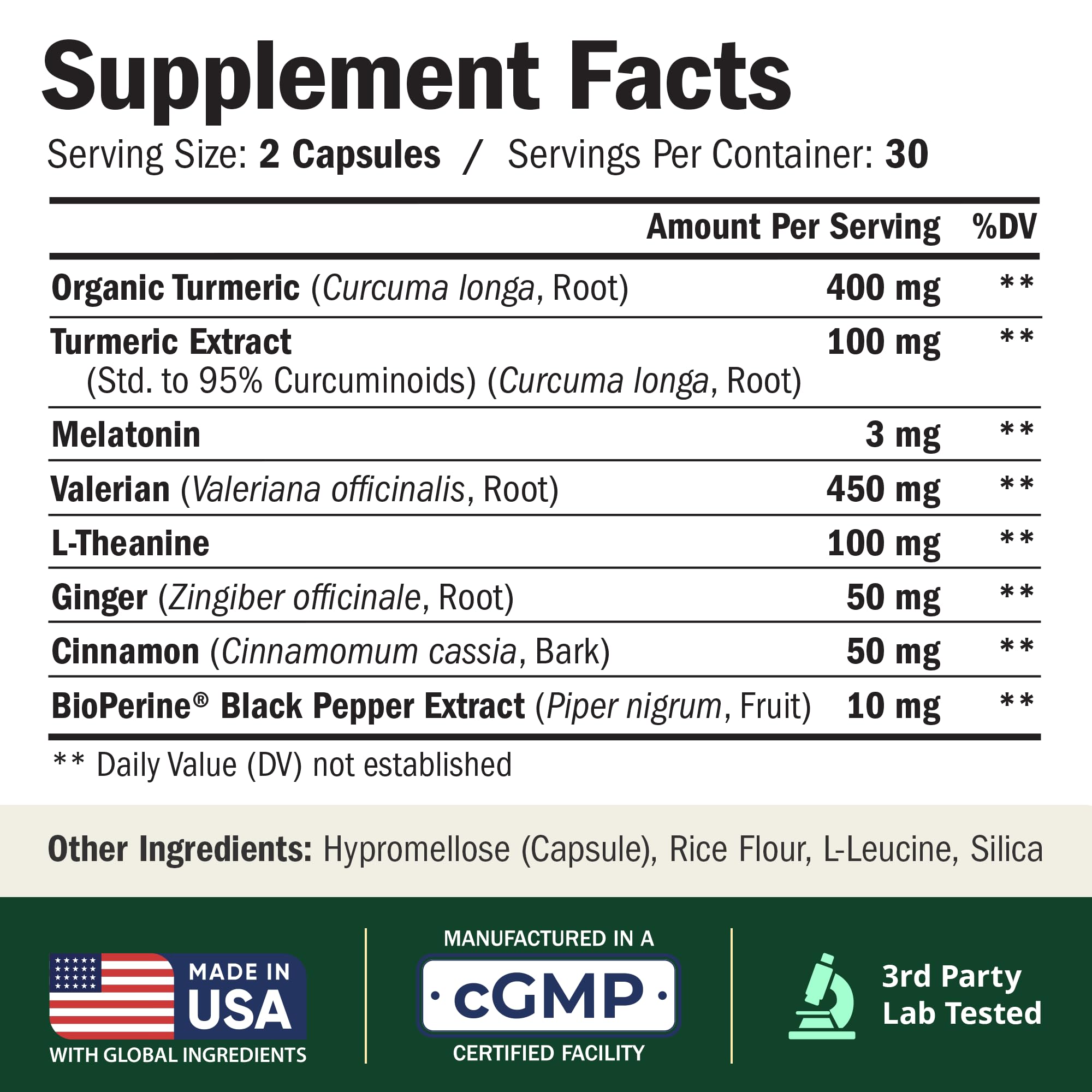 Vimerson Health Valerian Root Melatonin Capsules 3mg back view with ingredient details