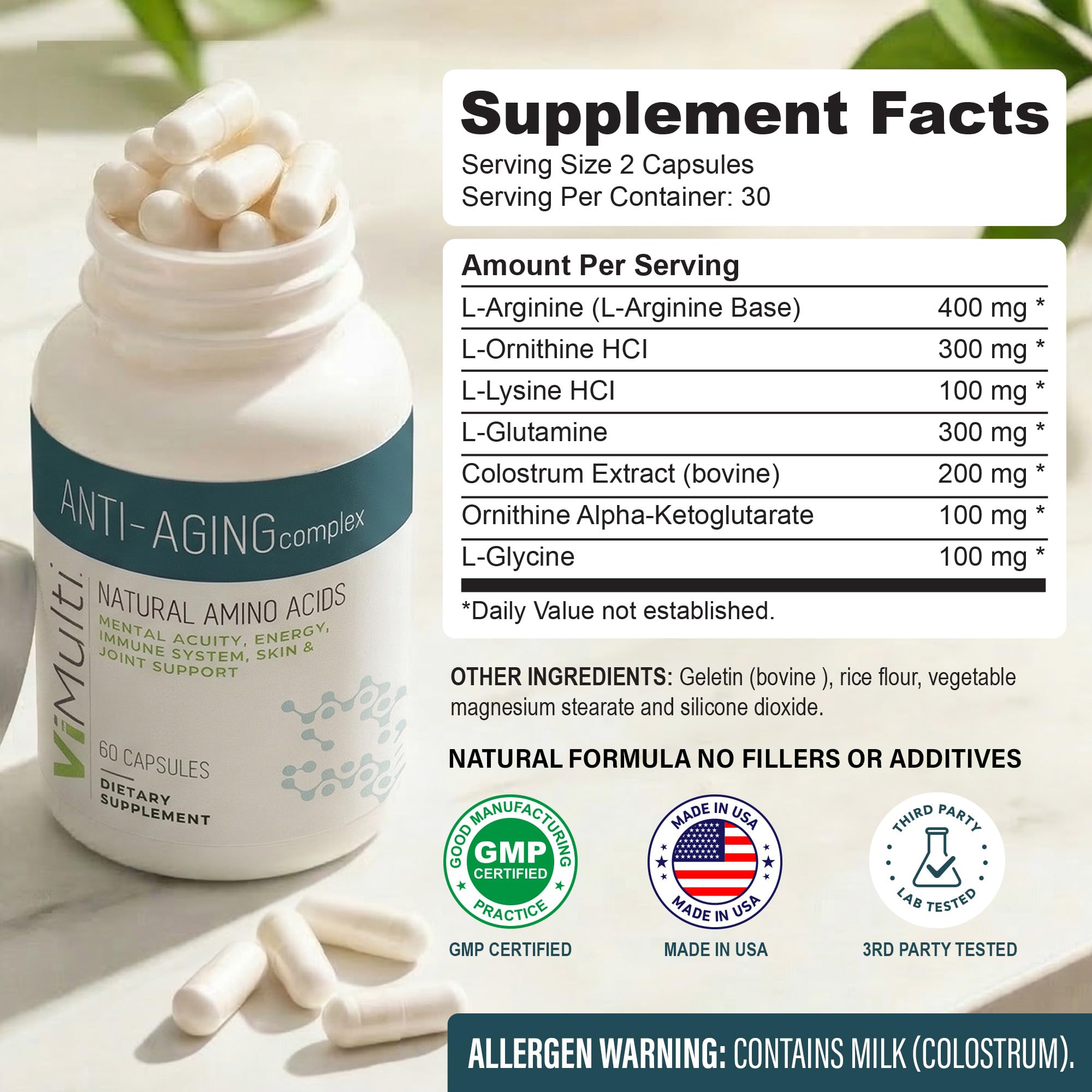 ViMulti L-Glutamine capsules on a wooden table