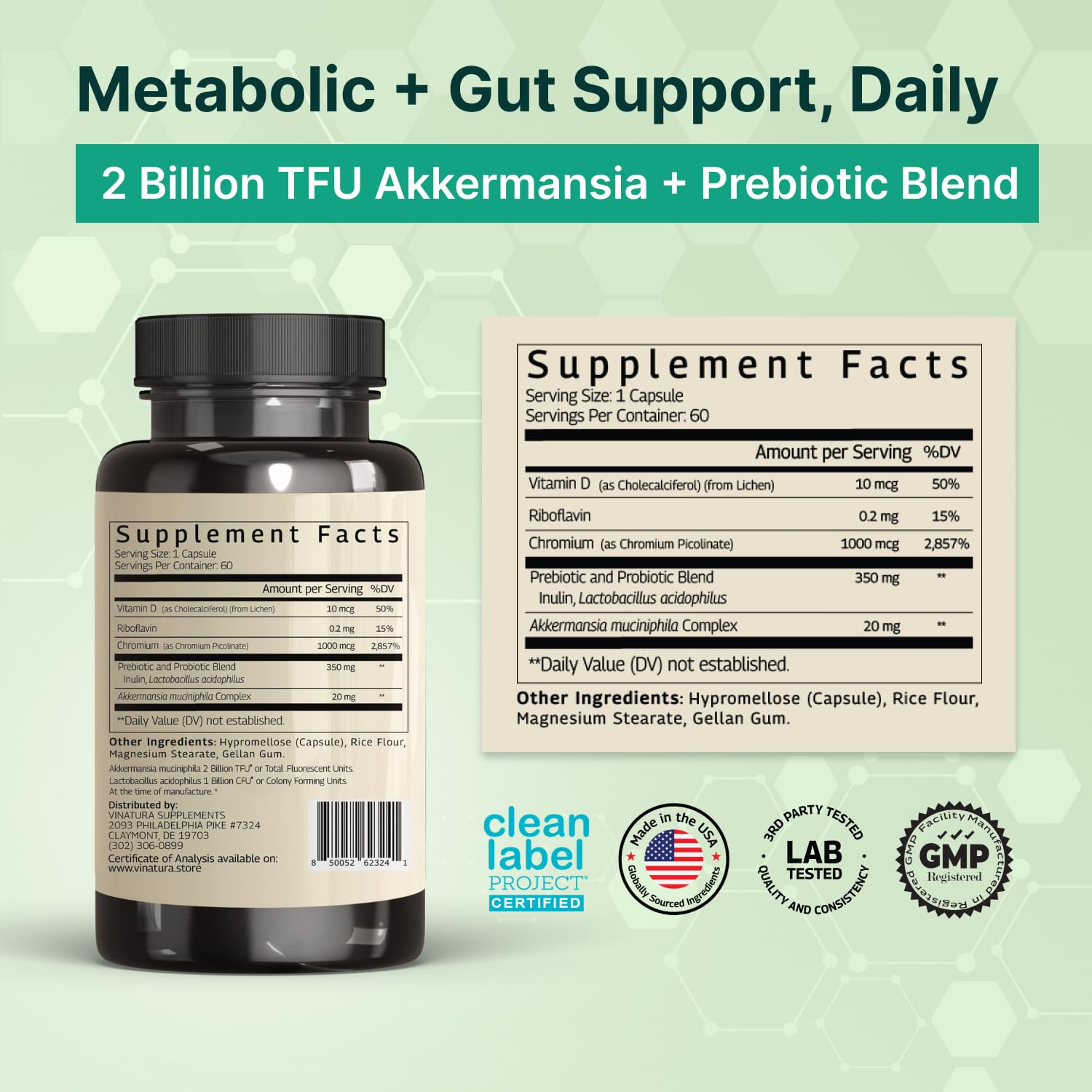 VINATURA Akkermansia Probiotic Supplement bottle side view