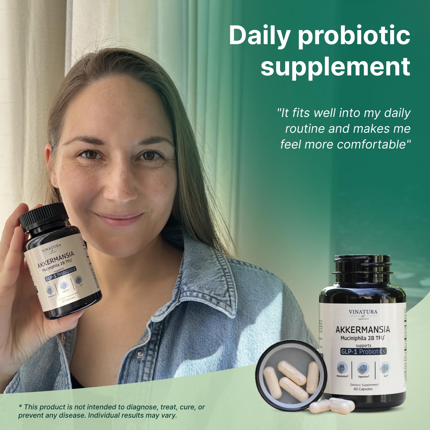 VINATURA Akkermansia Probiotic Supplement on a wooden table