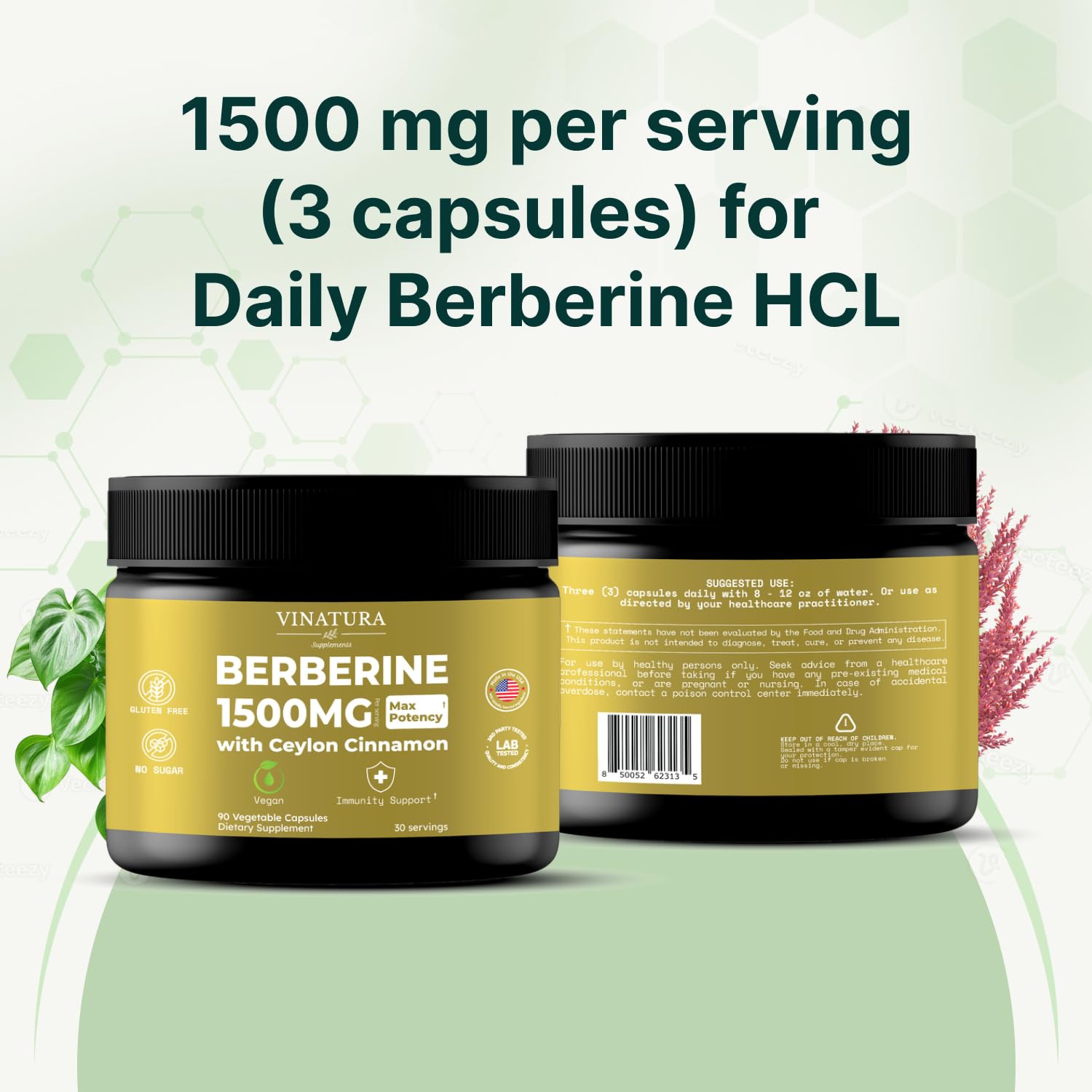 VINATURA Berberine 1500mg with Ceylon Cinnamon with a measuring spoon