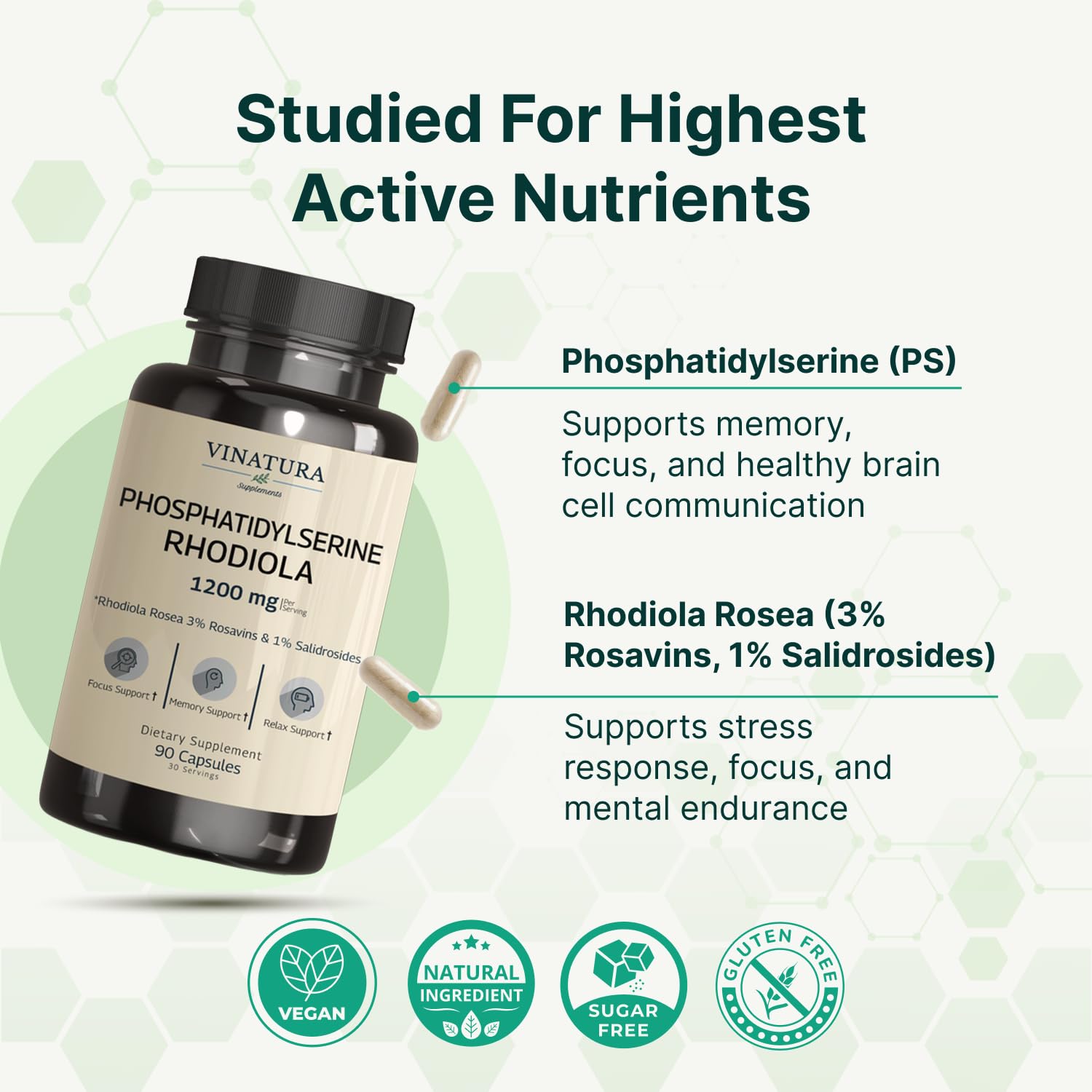 VINATURA Brain Health Supplement capsules on a table