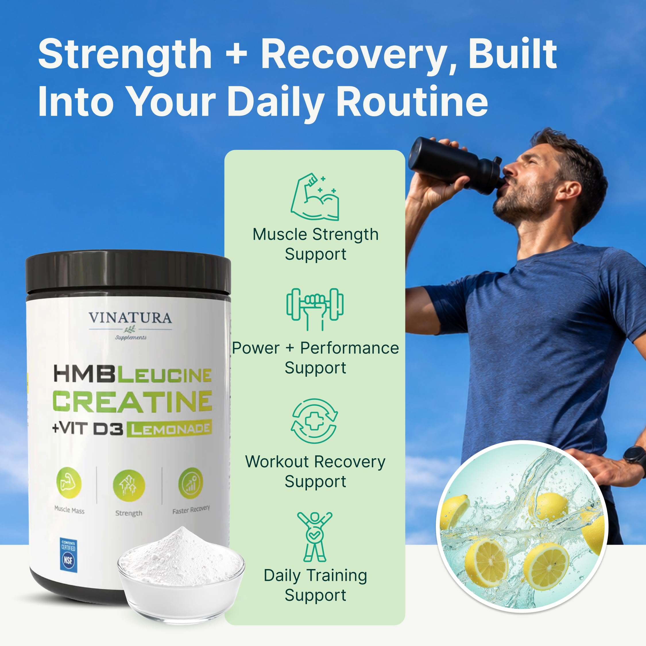VINATURA Creatine HMB Powder in a gym setting
